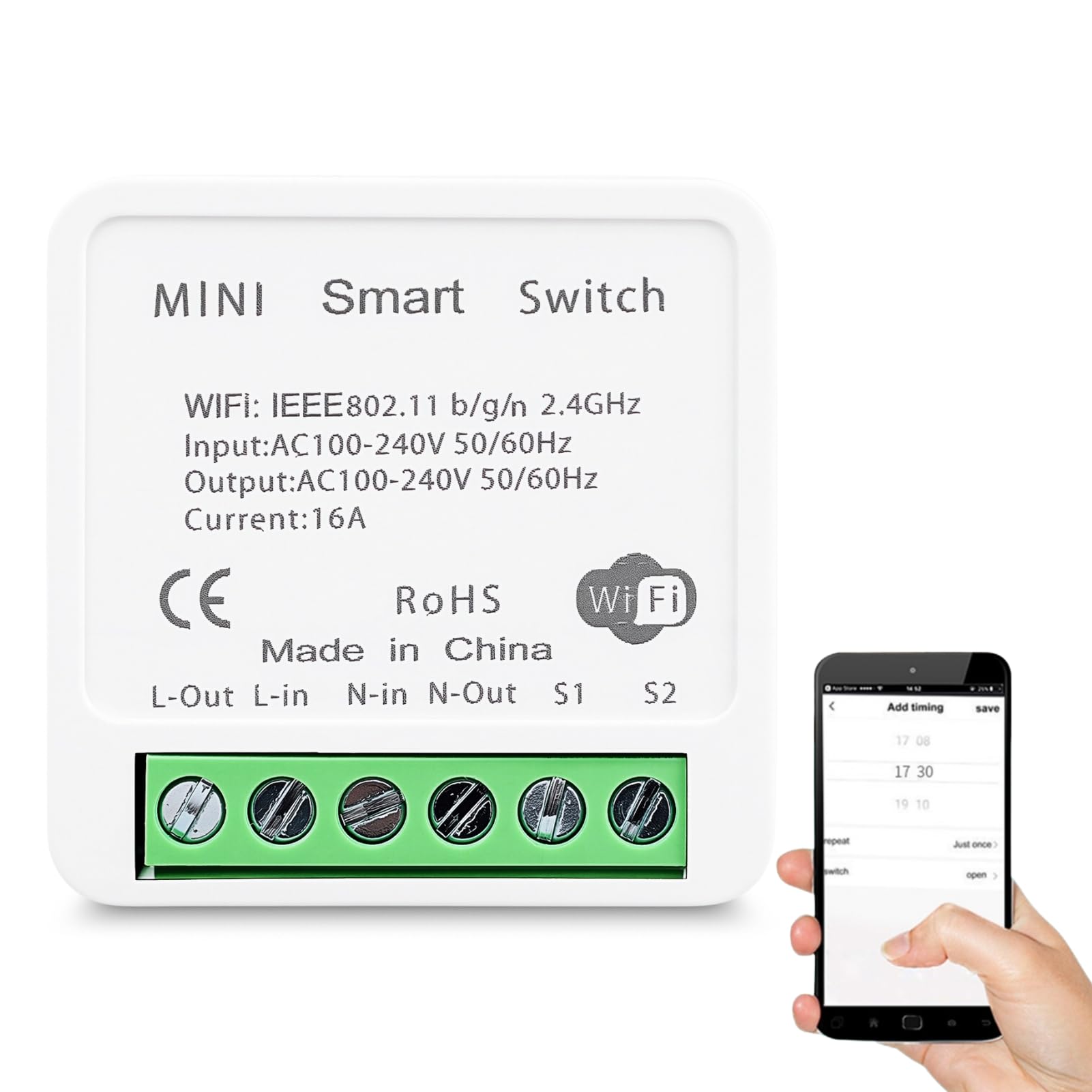 Jadeshay Interruptor WiFi,16A Interruptor de Luz Módulo InalambricoTuya Smart Life Control Remoto para Automatización Doméstica,Compatible con Amazon Alexa y Google Assistant Control por Voz