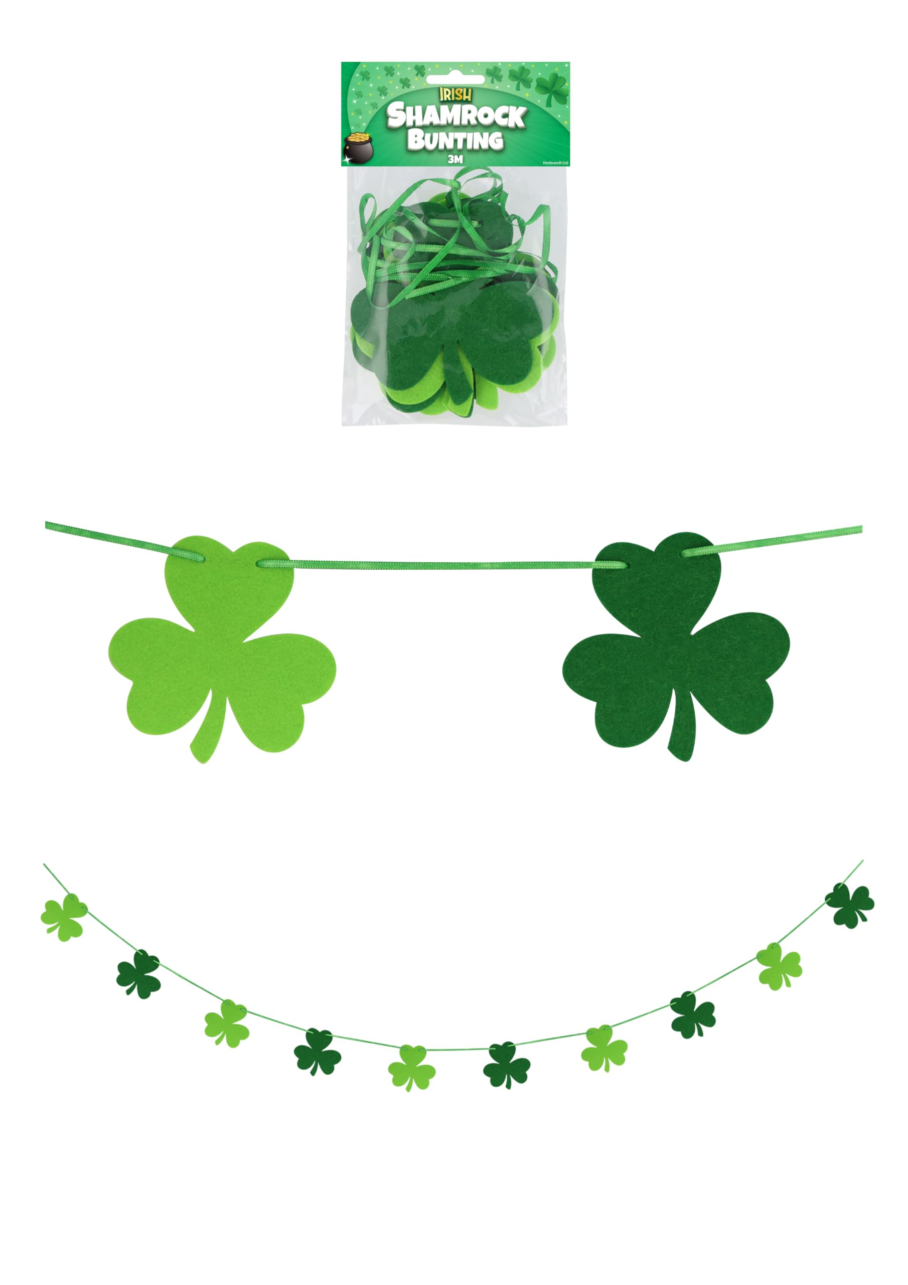 Henbrandt 6 x Irish Shamrock Felt Bunting 3M / 10ft Green Clover Garland St Patrick's Day Decorations Banner Party Supplies