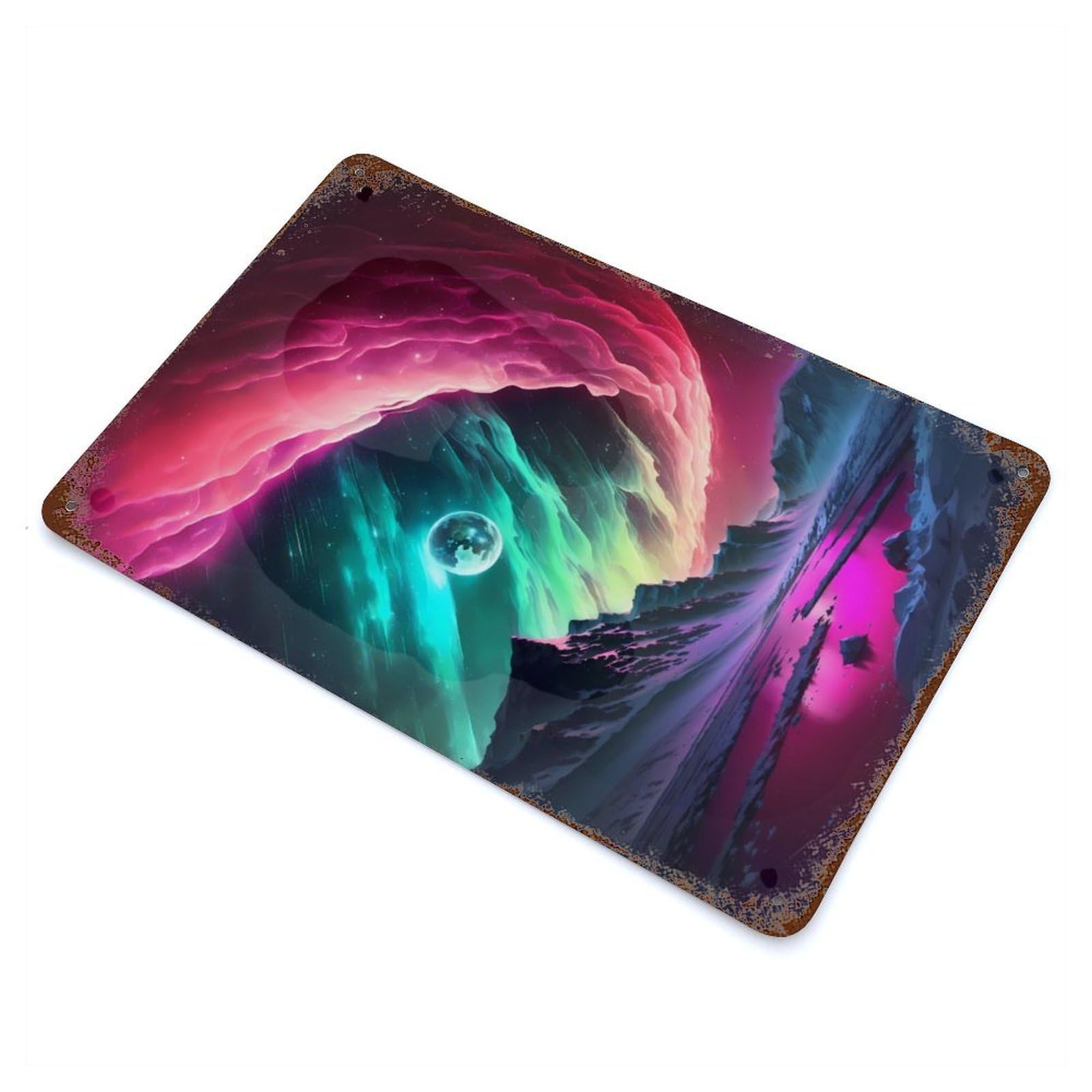 Aurora Borealis Landscape Rusty Metal Tin Sign 11.8"x7.9", for Patio, Garden Room And Bar Decor, Old School Wall Decor