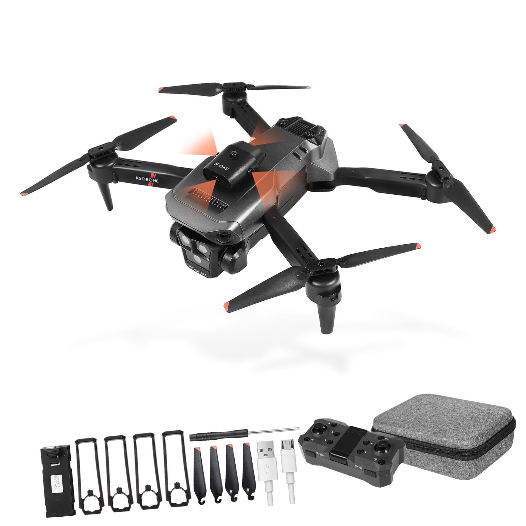 Drone Pieghevole Max con Tripla Fotocamera Hd, Nero | Lente Elettrica Regolabile 150°, Doppia Batteria 1800mah 3.7v, Controllo Tramite App