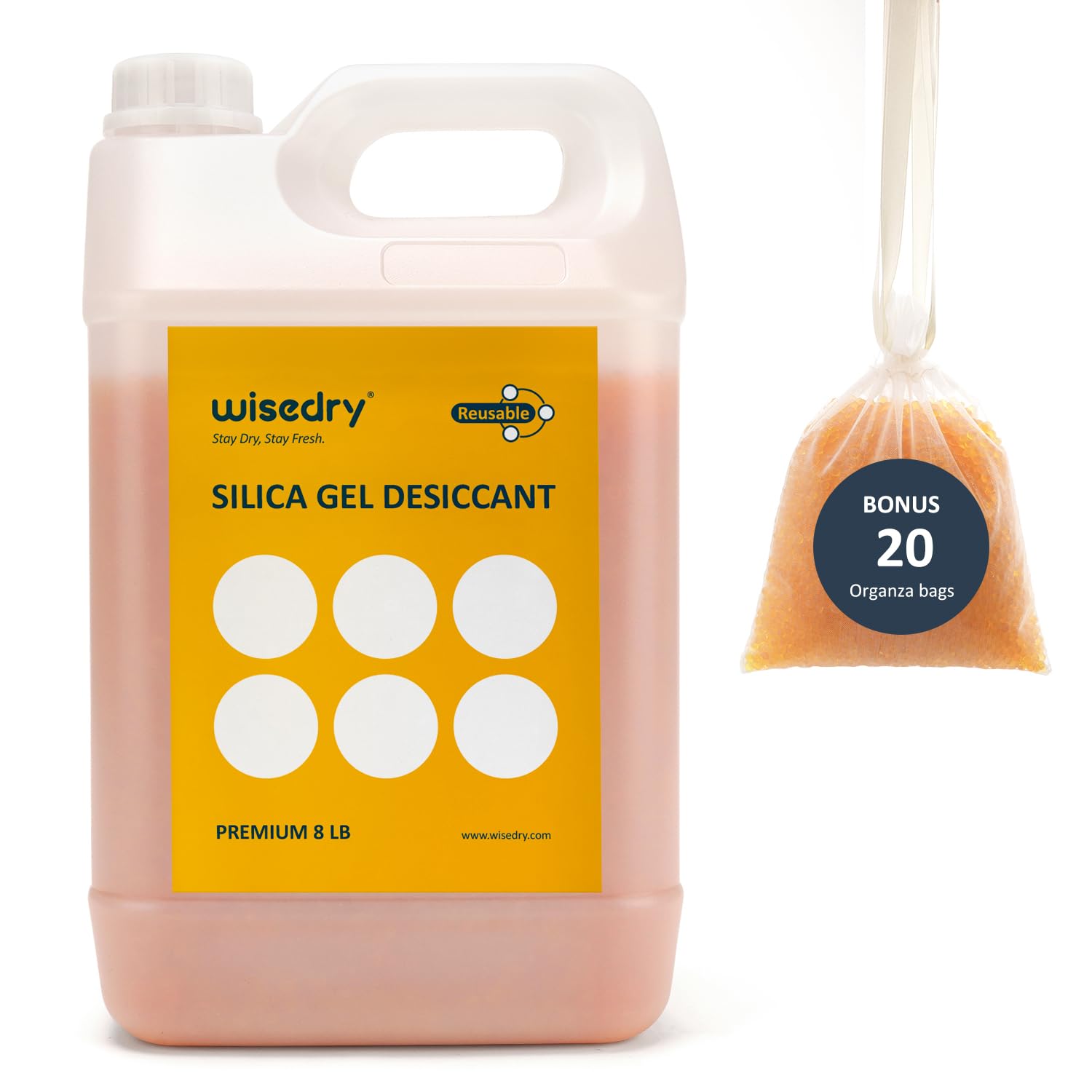 wisedry 3,6 kg [8 LBS] Kulki osuszające z żelem krzemionkowym wielokrotnego użytku ze wskaźnikiem koloru od pomarańczowego do zielonego Kulki o rozmiarze 2-4 mm do wielokrotnego napełniania klasy spoż
