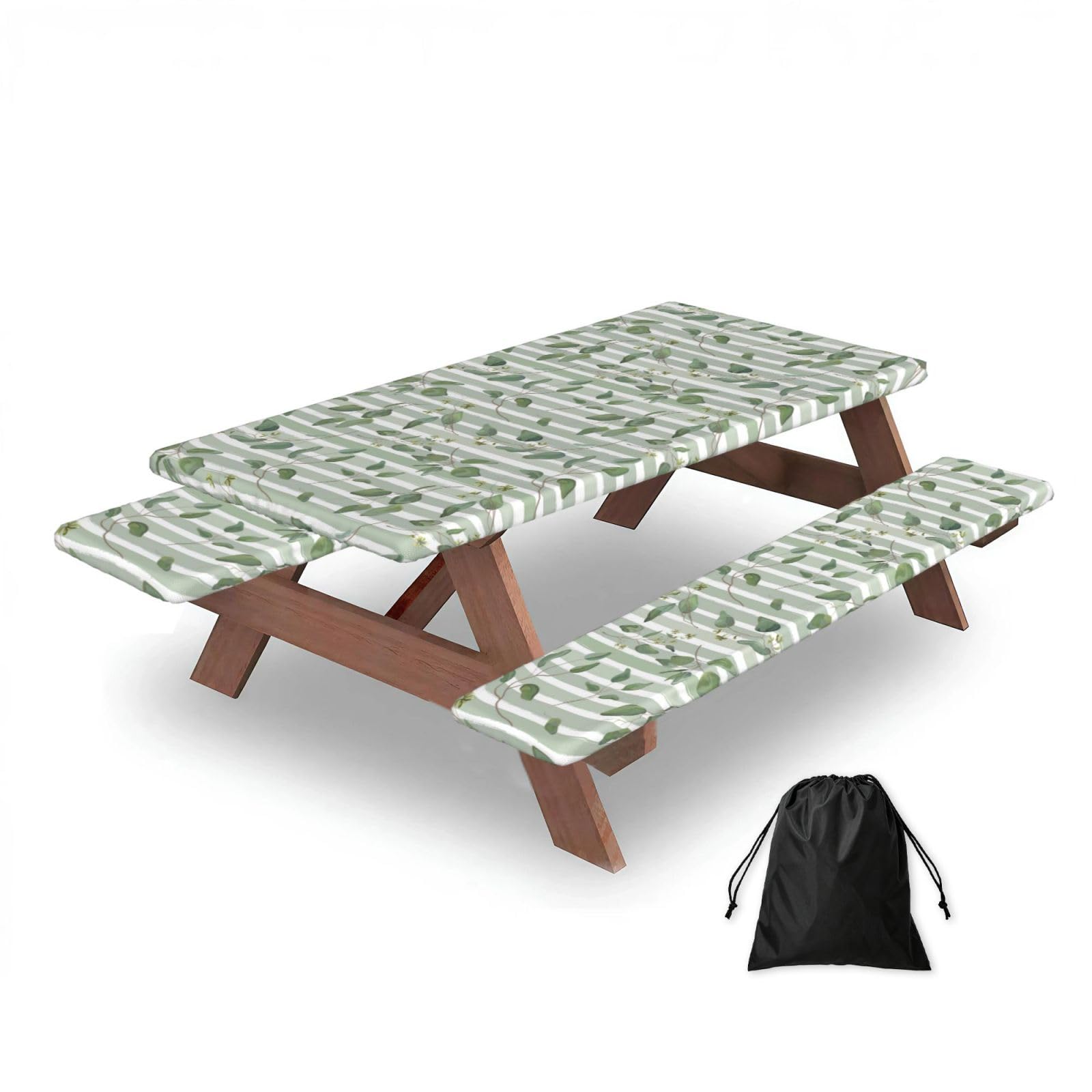 Green Silver Dollar Eucalyptus, Picnic Table Cover With Bench Covers -Waterproof Elastic Fitted Tablecloth for Garden Camping Patio 76x152cm