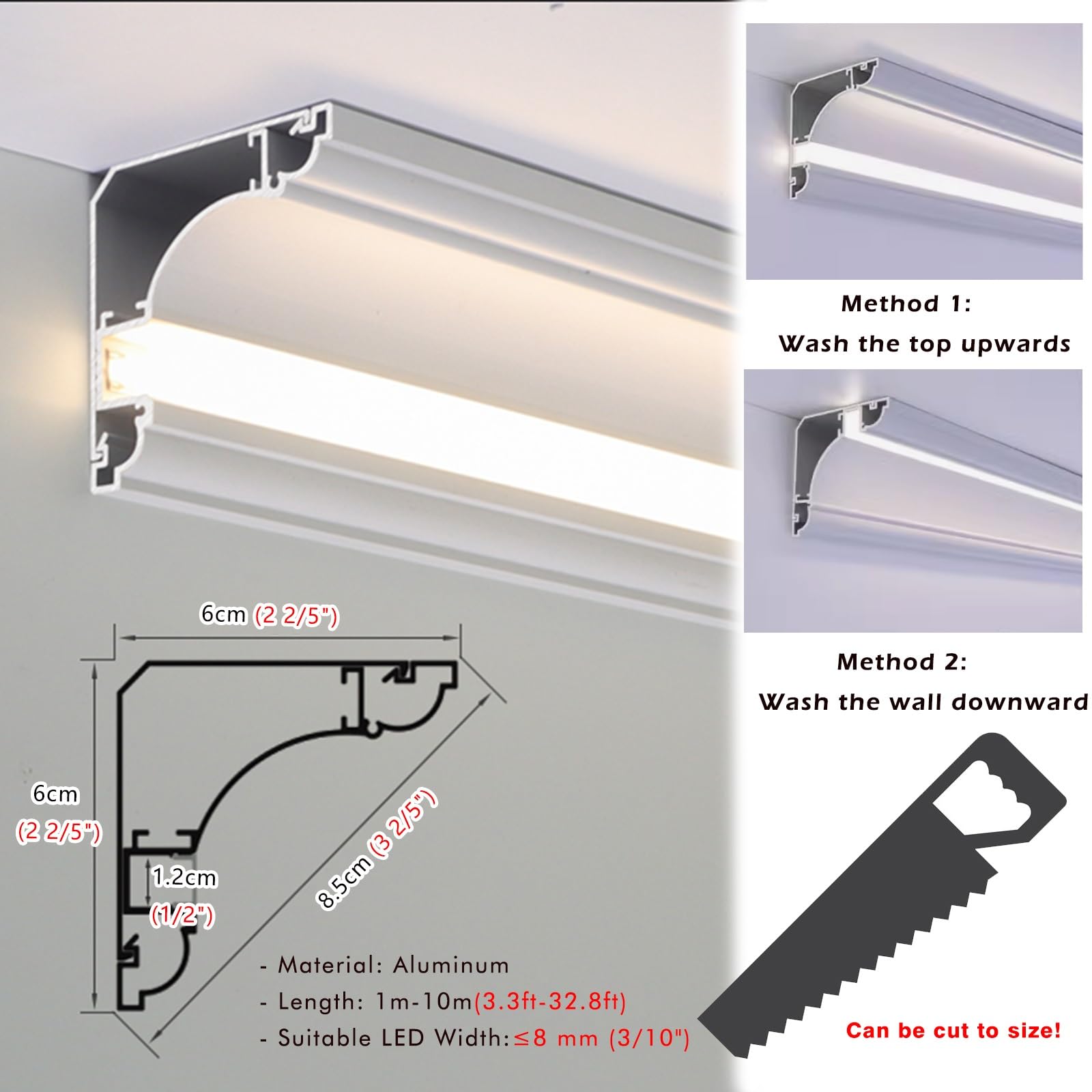 Strisce luminose a LED per soffitto soggiorno, profilo in alluminio canale LED con connettore angolare, lampada libera per soffitto luminoso - senza luci a LED, canale interno lineare (6 cm (2 2/5")