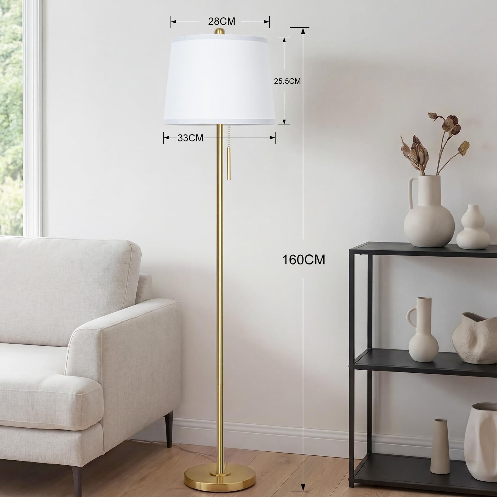 JUNNAI Stehlampe Wohnzimmer, 160 cm Modern Stehleuchte mit Leinen-Lampenschirm & E27 Birne 3 Farbtemperatur Standleuchte für Schlafzimmer Büro(9W LED-Glühbirne enthalten) -Gold