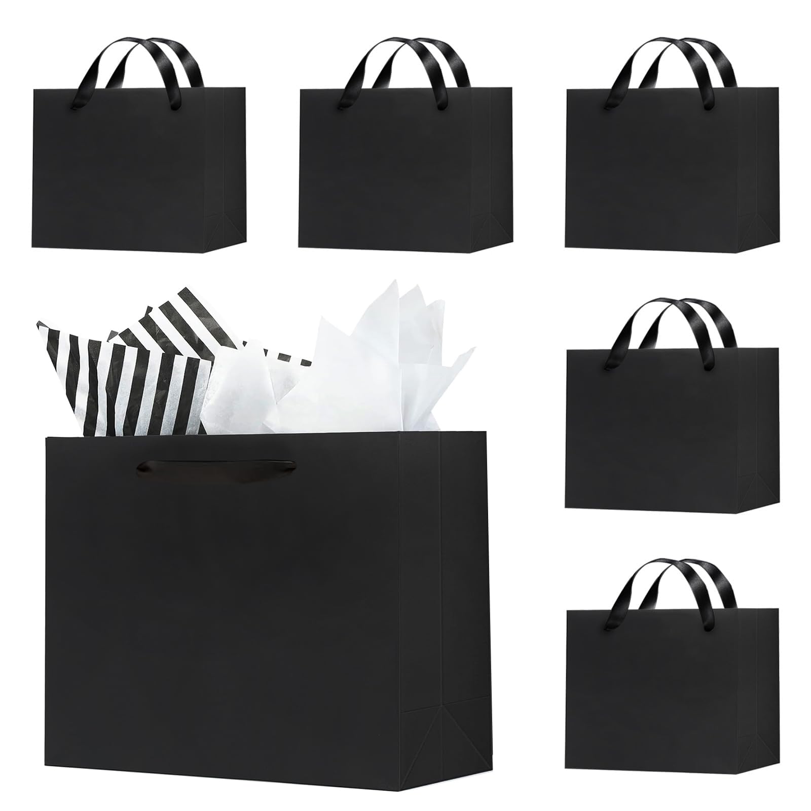 Offizon 6 Pack Black Gift Bags, 8.7x3.9x7.1 Inches Gift Bags Medium Size with Tissue Paper — image 1