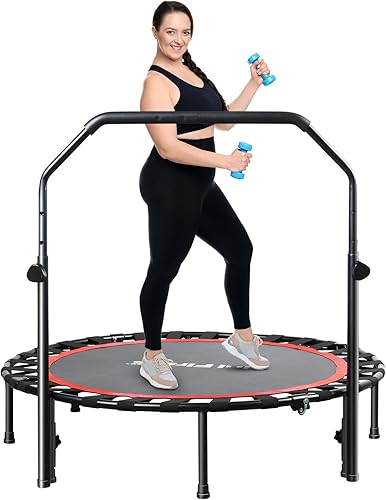 FirstE Trampolín rebotador de 48 pulgadas para adultos, trampolín de fitness de 440 libras, mini trampolín plegable, mango de espuma ajustable de 3