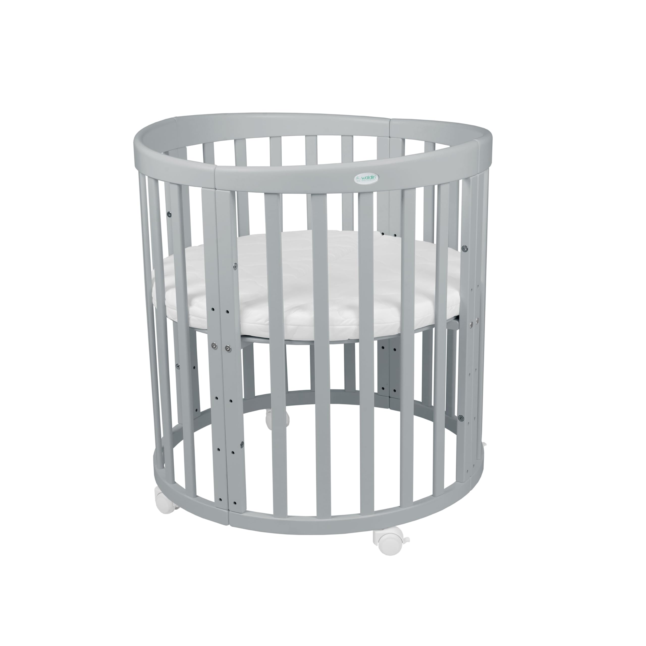 waldin Babybett Oval 7in1, Matratze, Rollen, Regal, Grau | Ohne Stoffset, Mitwachsend, Beistellbett aus Holz, Wiege optional