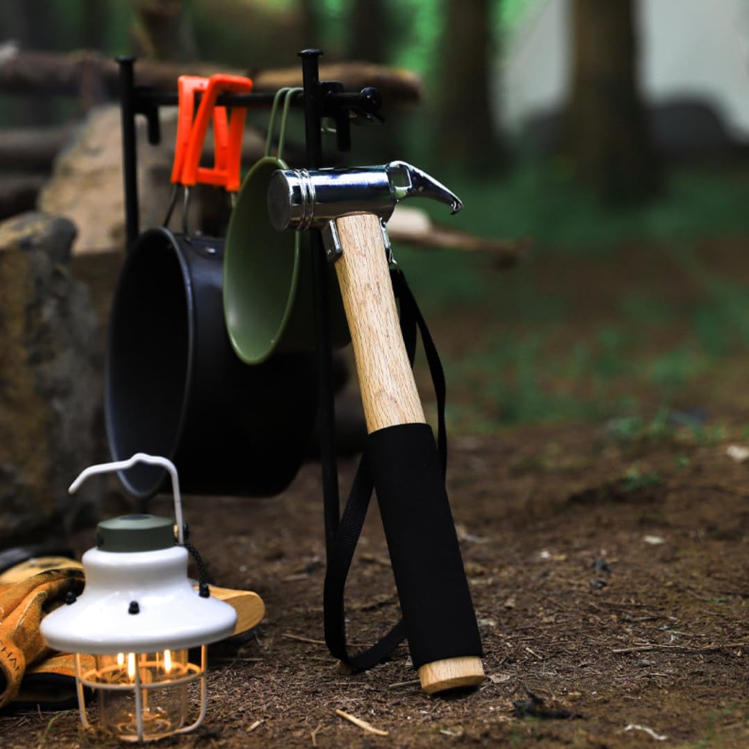 Camping Hammer für Zelt Camping - Hochwertiger Stahl & Massivholzgriff mit Polstergriff - Zeltpfahl Hammer und Abzieher mit Sicherheitsgurt, robuster Campinghammer für Zeltheringe (Stahlguss)