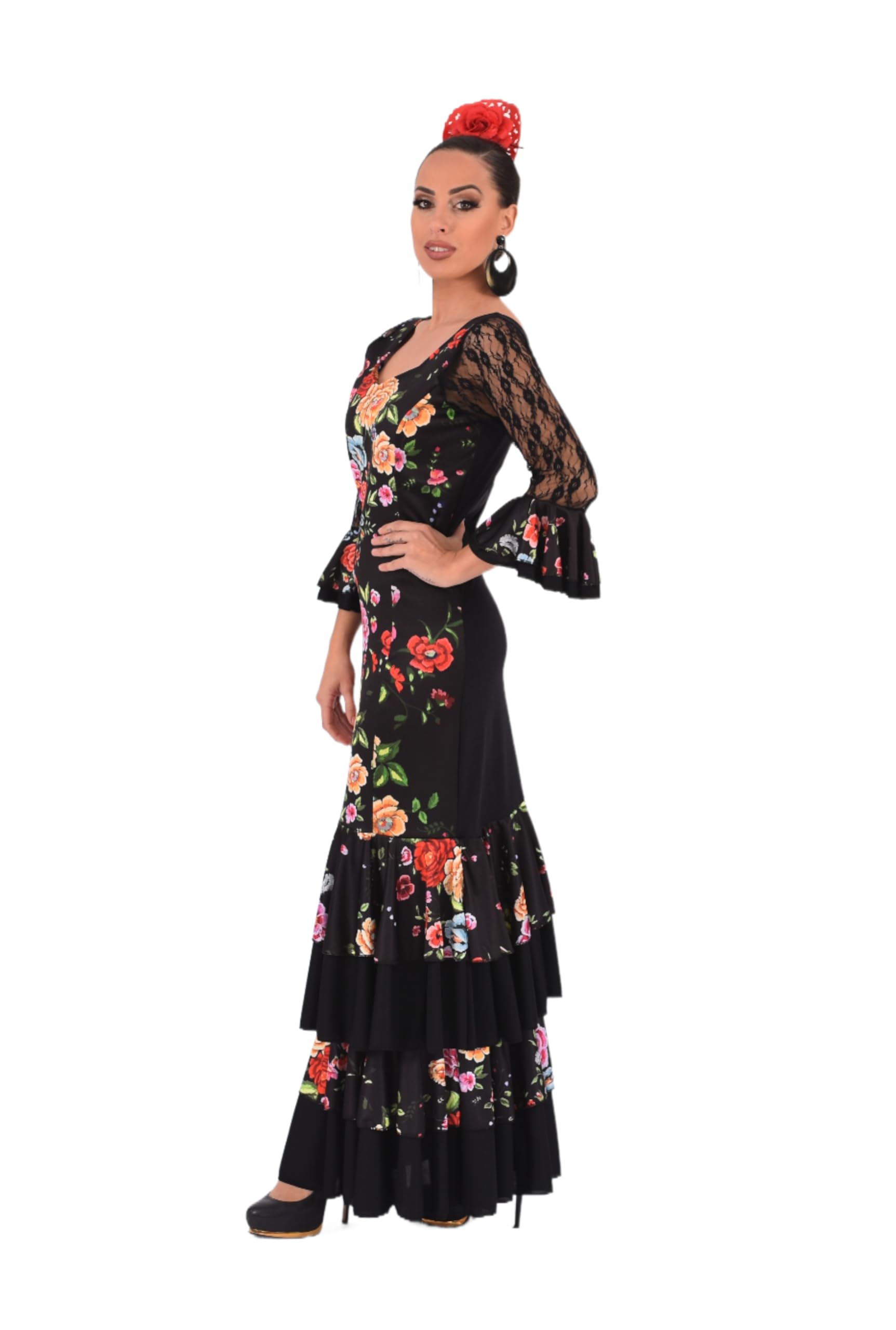 Vestido Flamenco Mujer con Volantes Traje Feria Sevillanas Mangas Encaje Estampado Floral