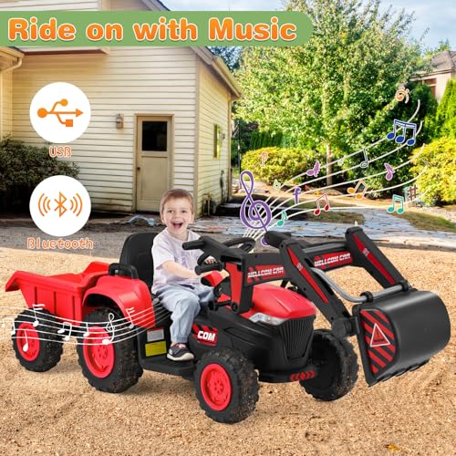 MELLCOM Ride on Excavator, 12V Battery Powered Bulldozer Ride on Construction Vehicles with Trailer, Kids Car with Parent Remote, Ride on Toys with Digger, Horn, Lights, Music Player, Safety Belt, Red