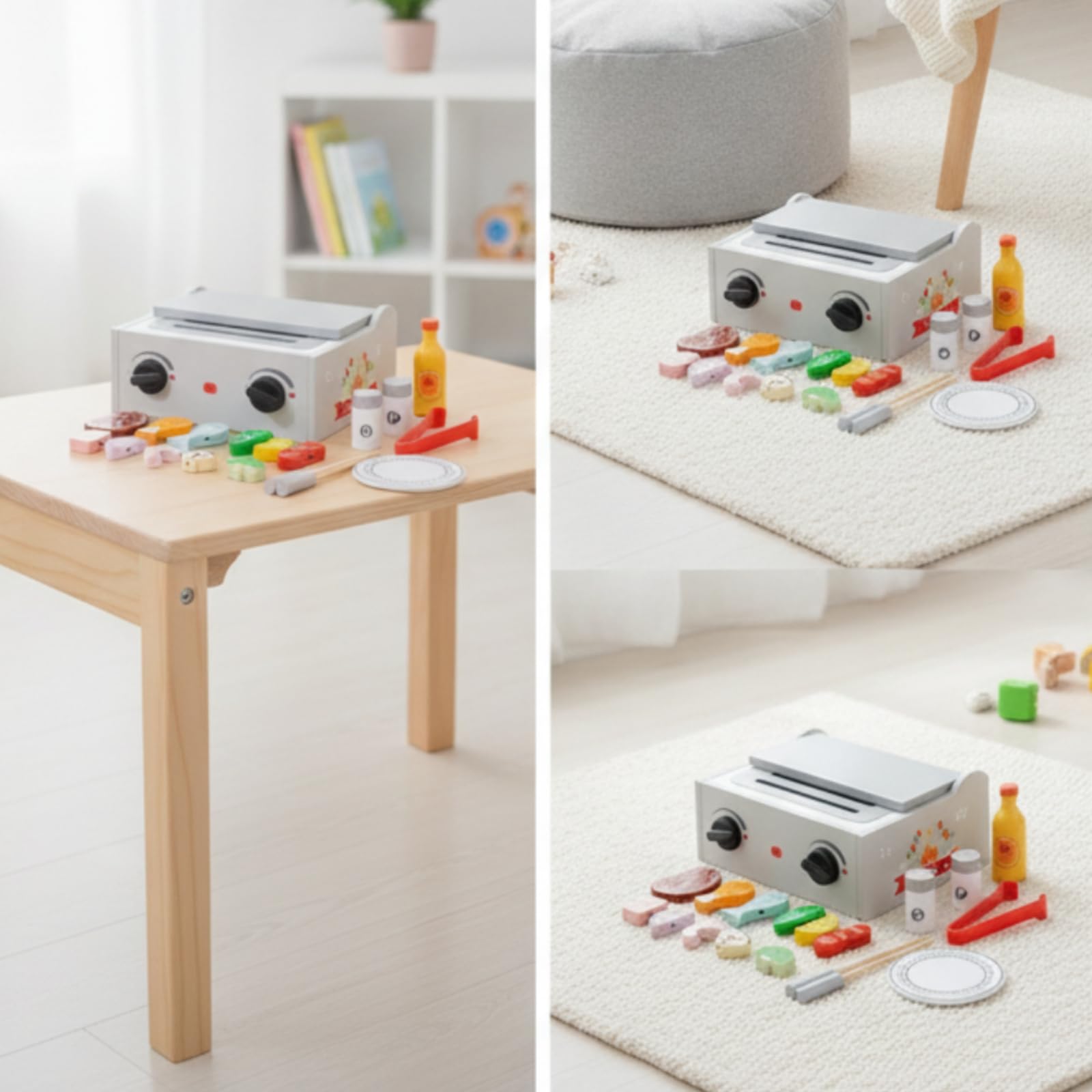 kowaku Barbecue Giocattolo in Legno Barbecue Giocattolo con Accessori da Tavolo Gioco di Ruolo per Bambine, Scuola Dell'infanzia