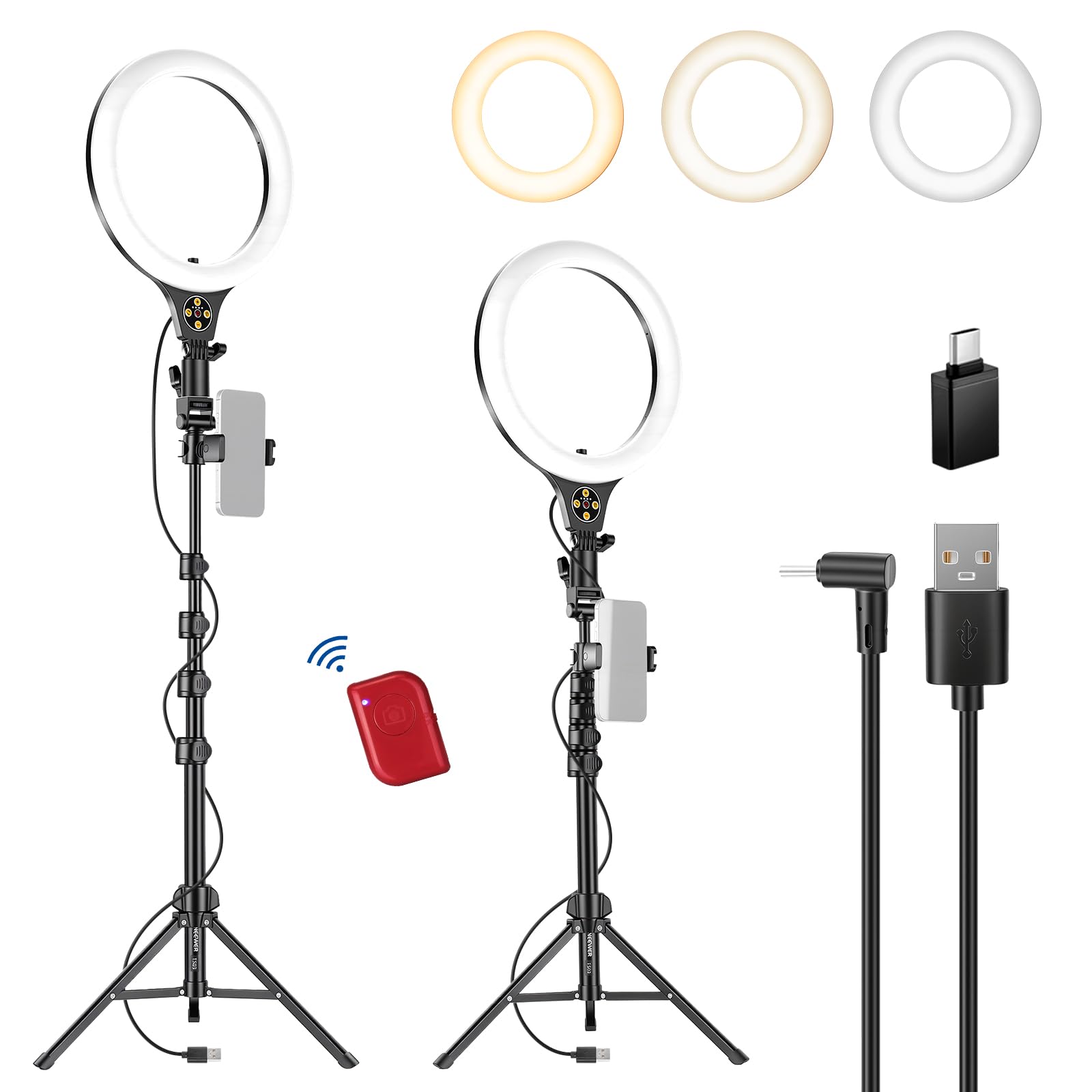 NEEWER ENTRY LEVEL VERSION 10,5" 10W Ring Light con Treppiede da 66", Porta Telefono Overhead Compatibile con iPhone, Luce per Selfie LED Bicolore CRI85+ per TikTok Registrazione Video Streaming, N43
