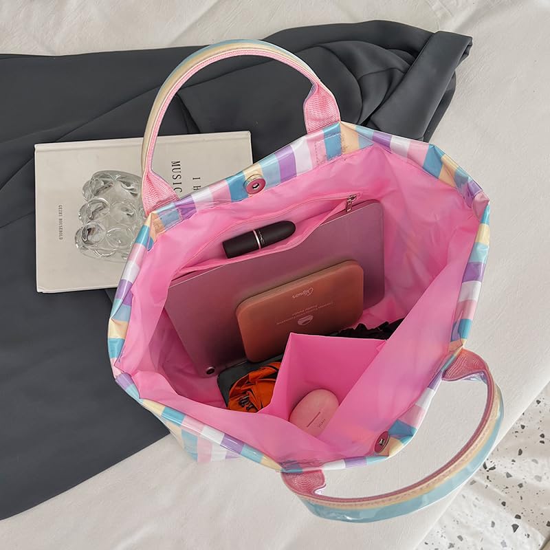 Image of Lushandy Striped PVC Tote Bag for Women, Checkered Plastic Tote Bag for Beach Pool Large Plaid Letters Print Hobo Handbag