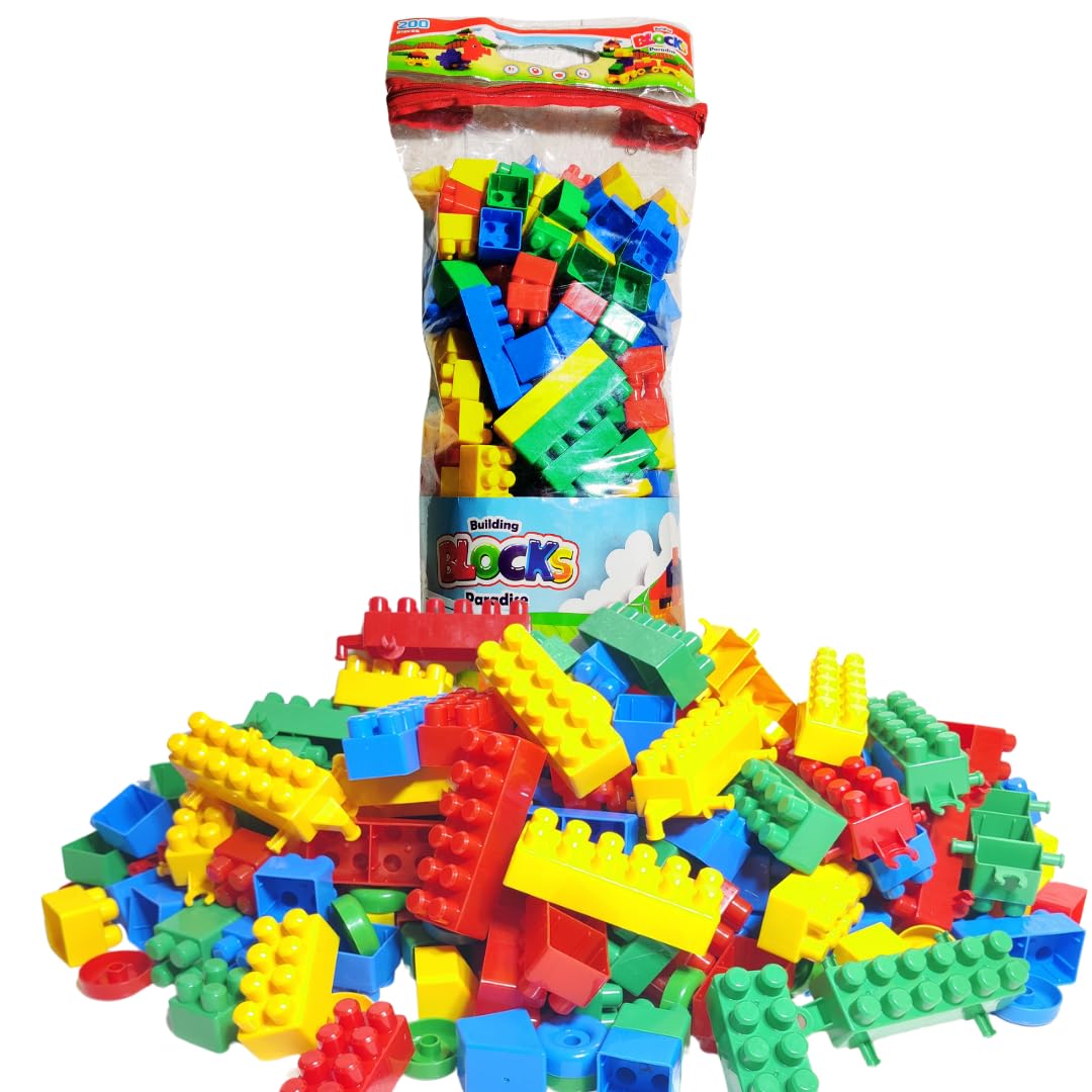 PLUSPOINT My First Learning Toy Blocks and Bricks for Toddlers, Fun Kids Educational Building Toyplay learn imagine create wonderful models with 200 peices blocks with bag for kids (200 Pc)