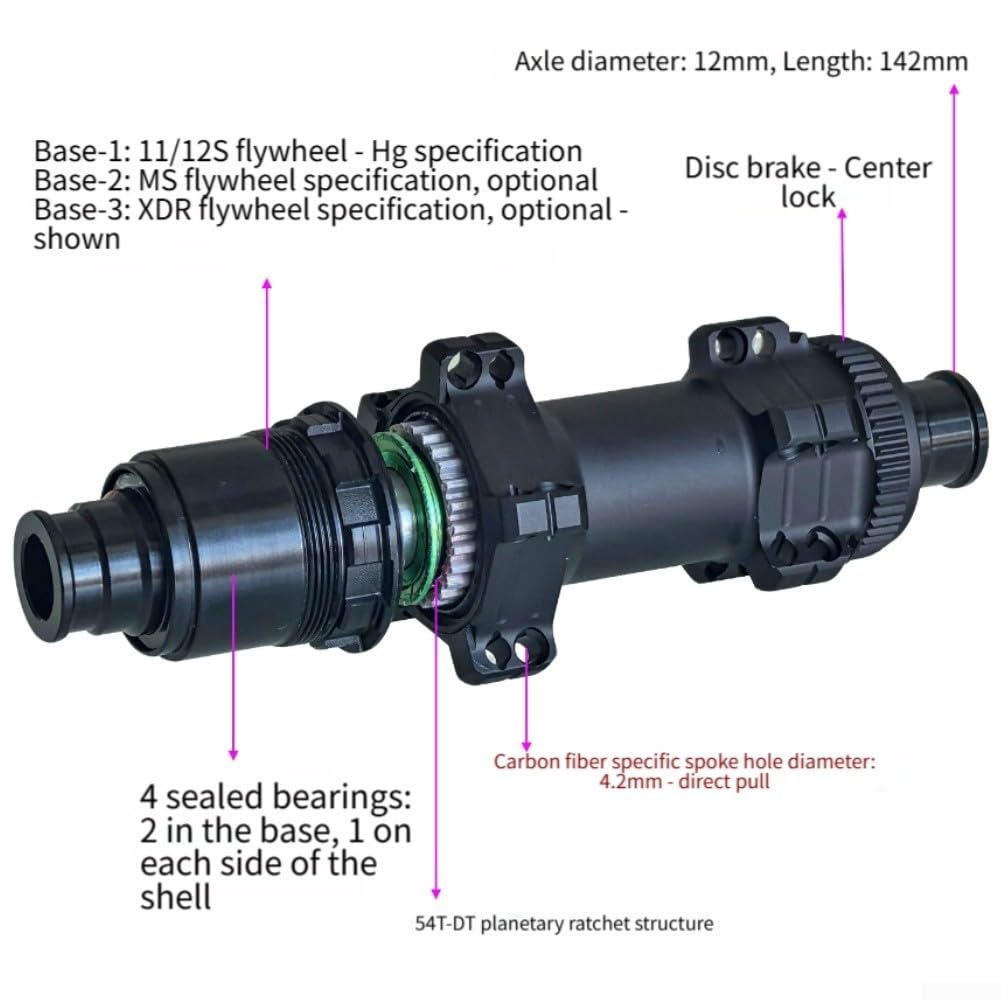 Honseadek Hub freno a disco con blocco centrale 24H 54T sistema a cricchetto, lega AL7075 per raggi dritti, mozzo posteriore 12 x 142 mm per bici da strada compatibile con dt (260TR-Ms)