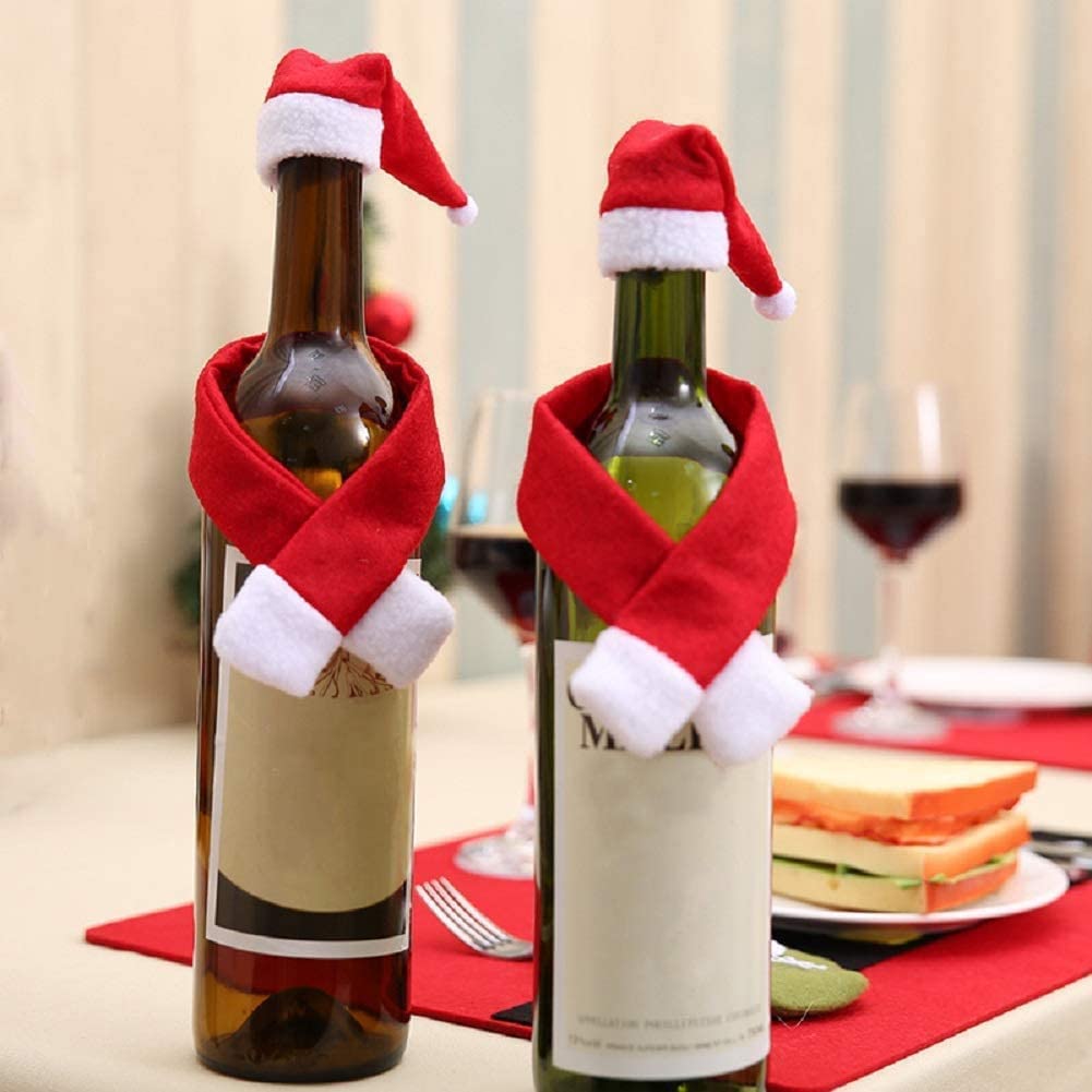 Set of 2 Mini Red Santa Claus Cap and Scarf Set Wine Bottle Cover Christmas Tree Hanging for Christmas Ornaments Xmas Tree Hangings Ornaments