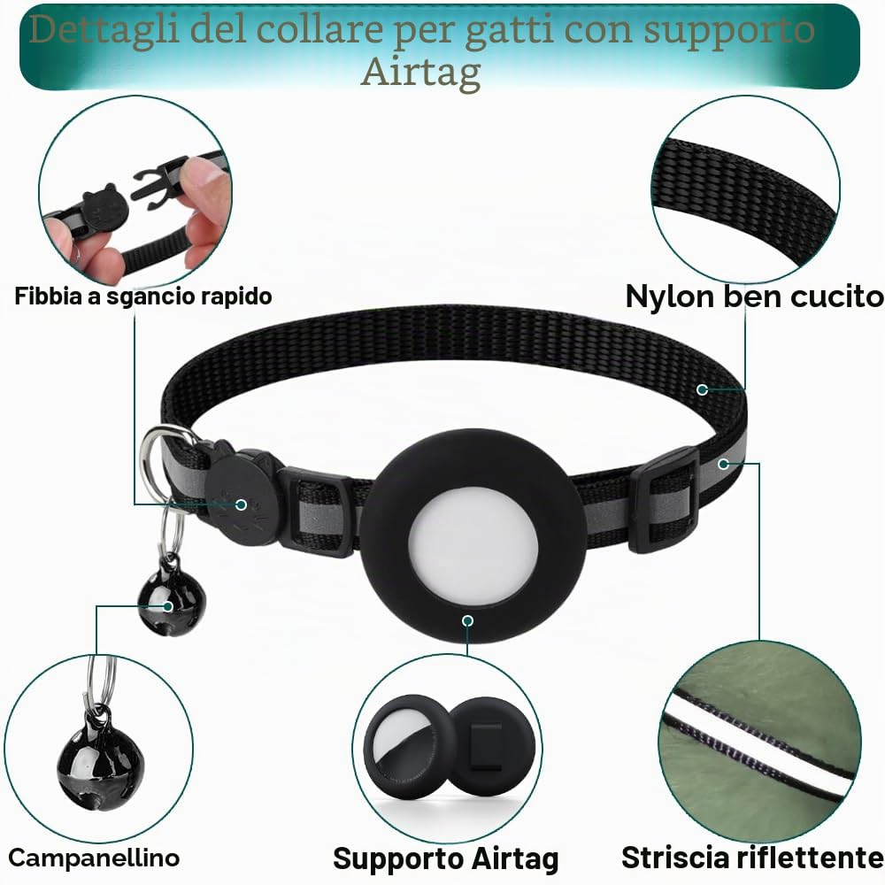 Collare Gatto Airtag, Collare Riflettente Antistrozzo per Gatti con Custodia Protettiva Air Tag (GPS AirTag Non Incluso) e Campanellino, Adatto a Gatti di Tutte Le Taglie(Nero)