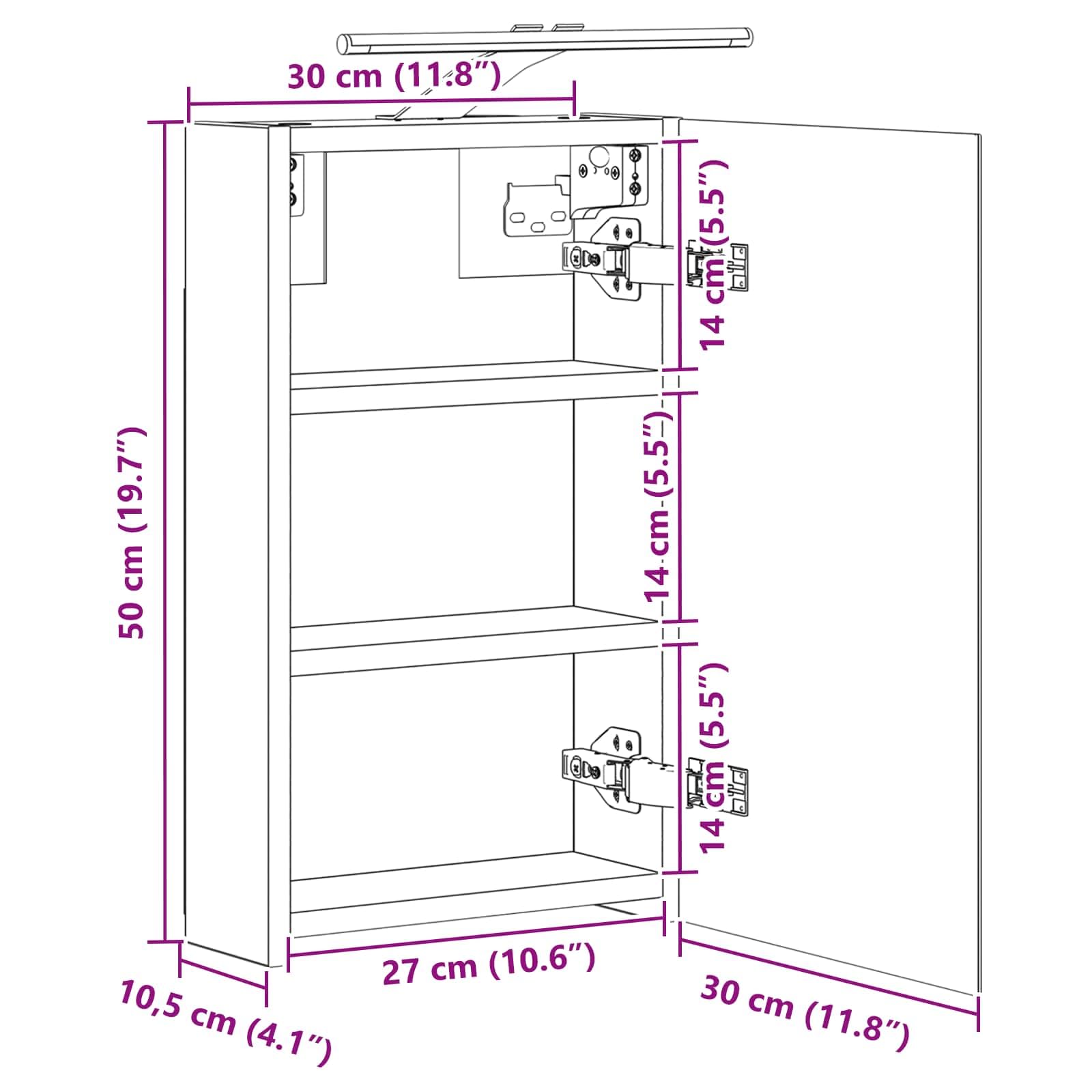 Mangloder Armadietto da bagno a specchio con mensola e anta, effetto rovere nero, 40 x 10,5 x 60,5 cm, con striscia LED, porta USB, montaggio a parete