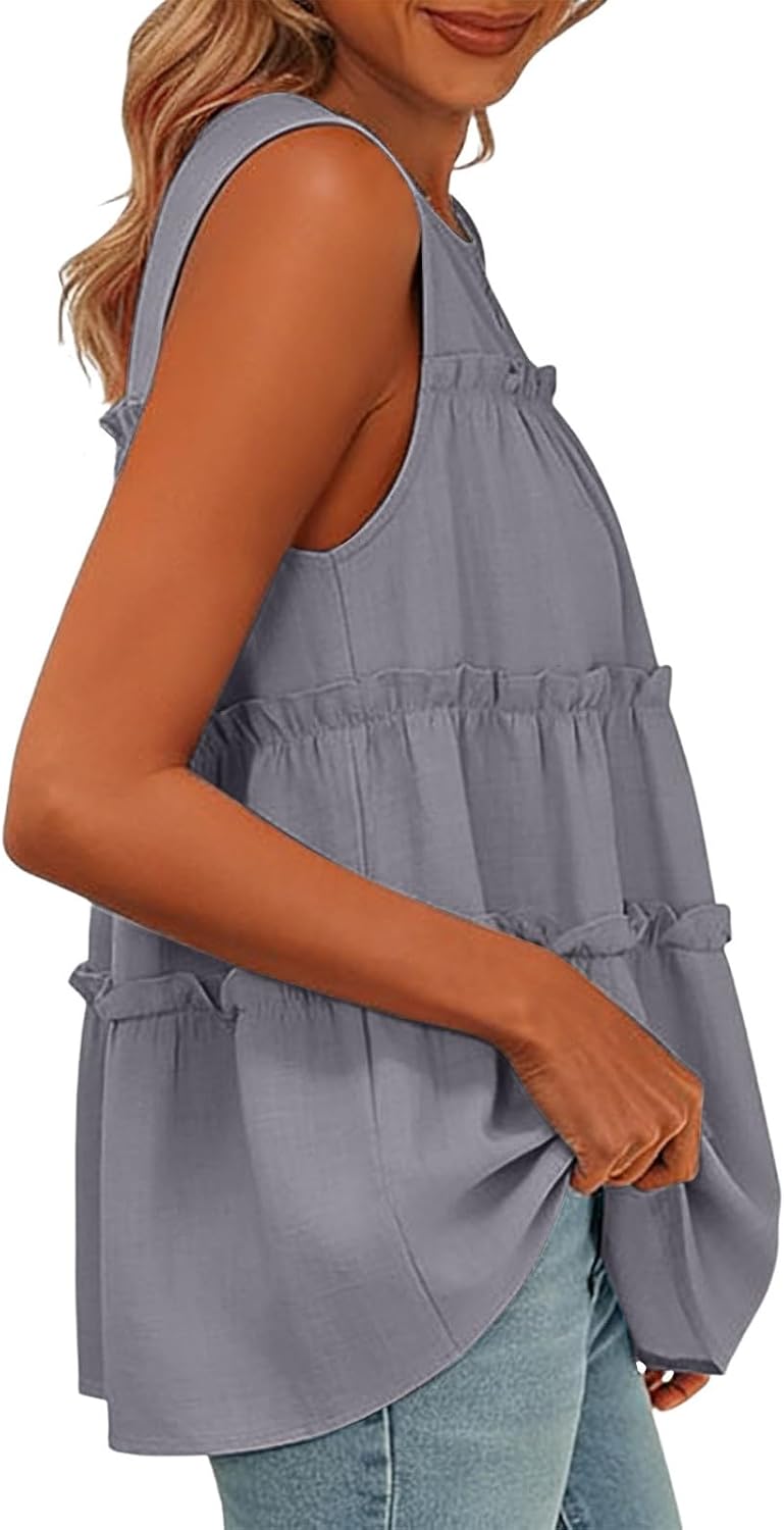 Womens Tank Tops Ruffle Summer Round Neck Casual | Womens Ruffle Tank Tops Summer Round Neck Casual Sleeveless Tops Trendy Dressy Loose Fit Shirts
