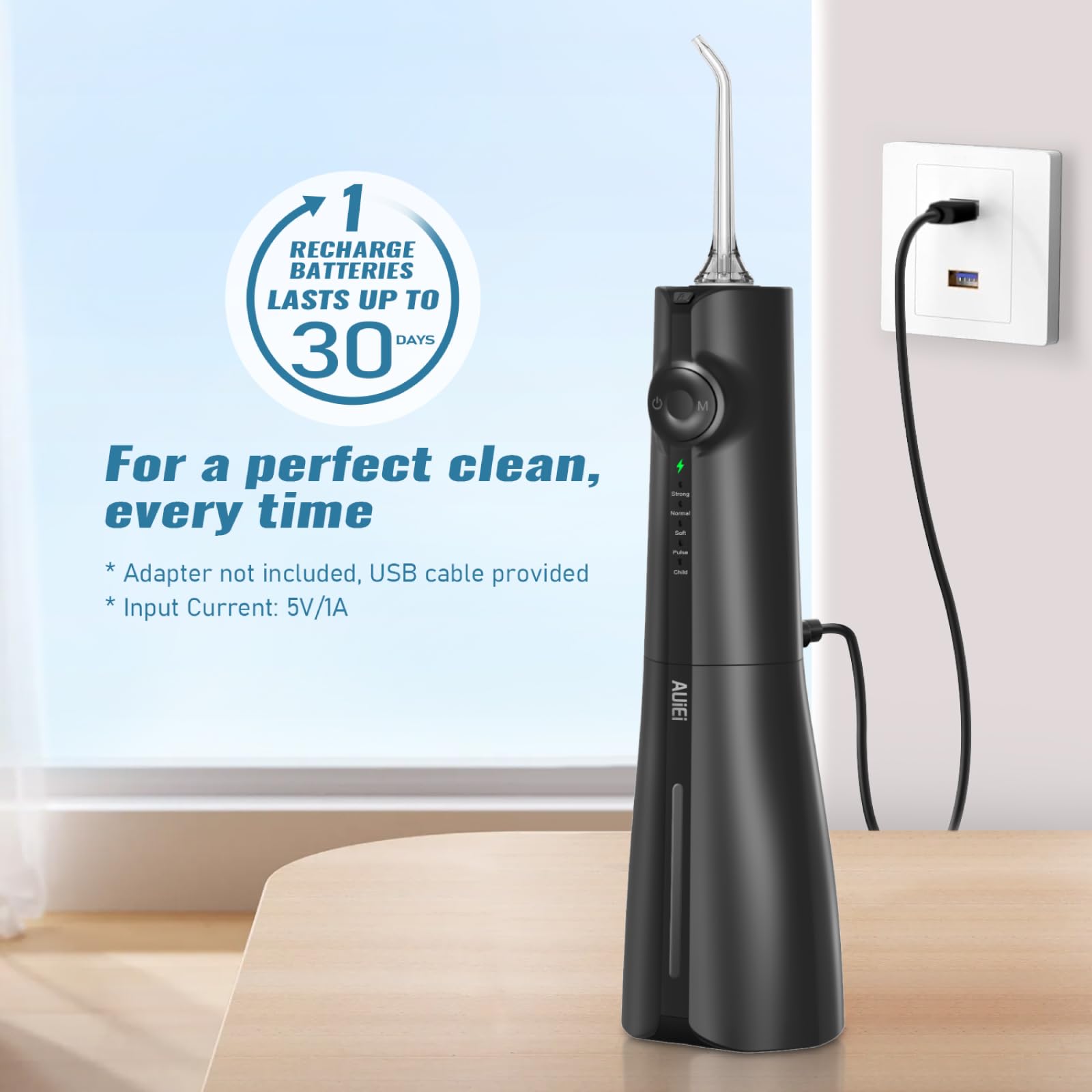 AUIEI Pick de hilo dental de agua para dientes y aparatos ortopédicos, 300 ml de hilo dental inalámbrico Power con 8 puntas de chorro, irrigador bucal 5 modos de uso, impermeable IPX7, portátil para