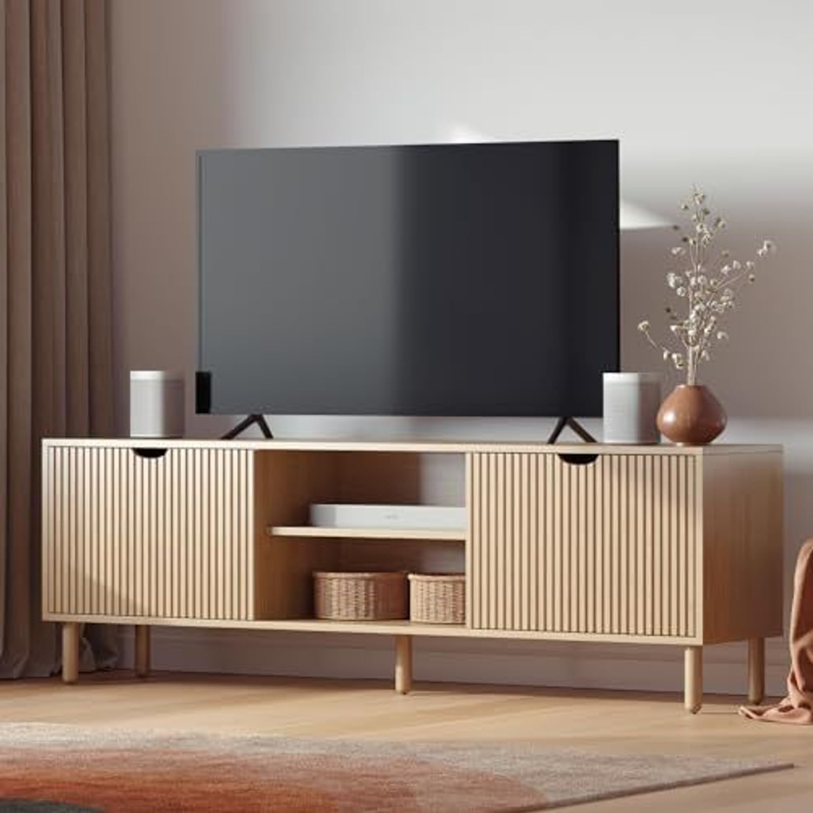 Stead Contemporary Fluted TV Stand, 70 Inches TV Media Console, Supports 32 to 80" TVs, Media Console Cabinet for Living Room and Bedrooms, Soft-Close
