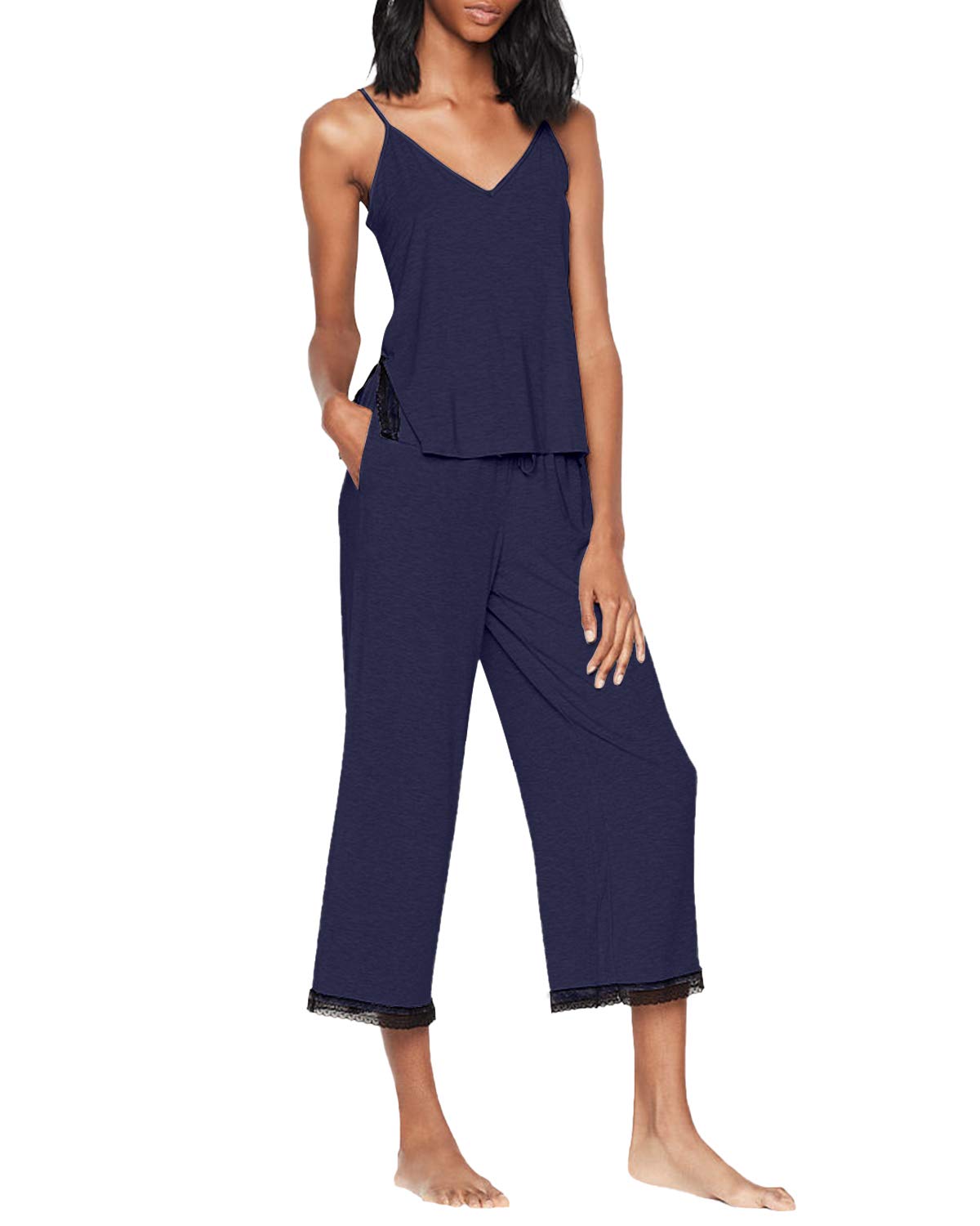 Women Capri Pyjamas Sets Short Sleeve Ruffle Trim Tops Cropped Pants Summer Pjs Loose Sleepwear Nightwear