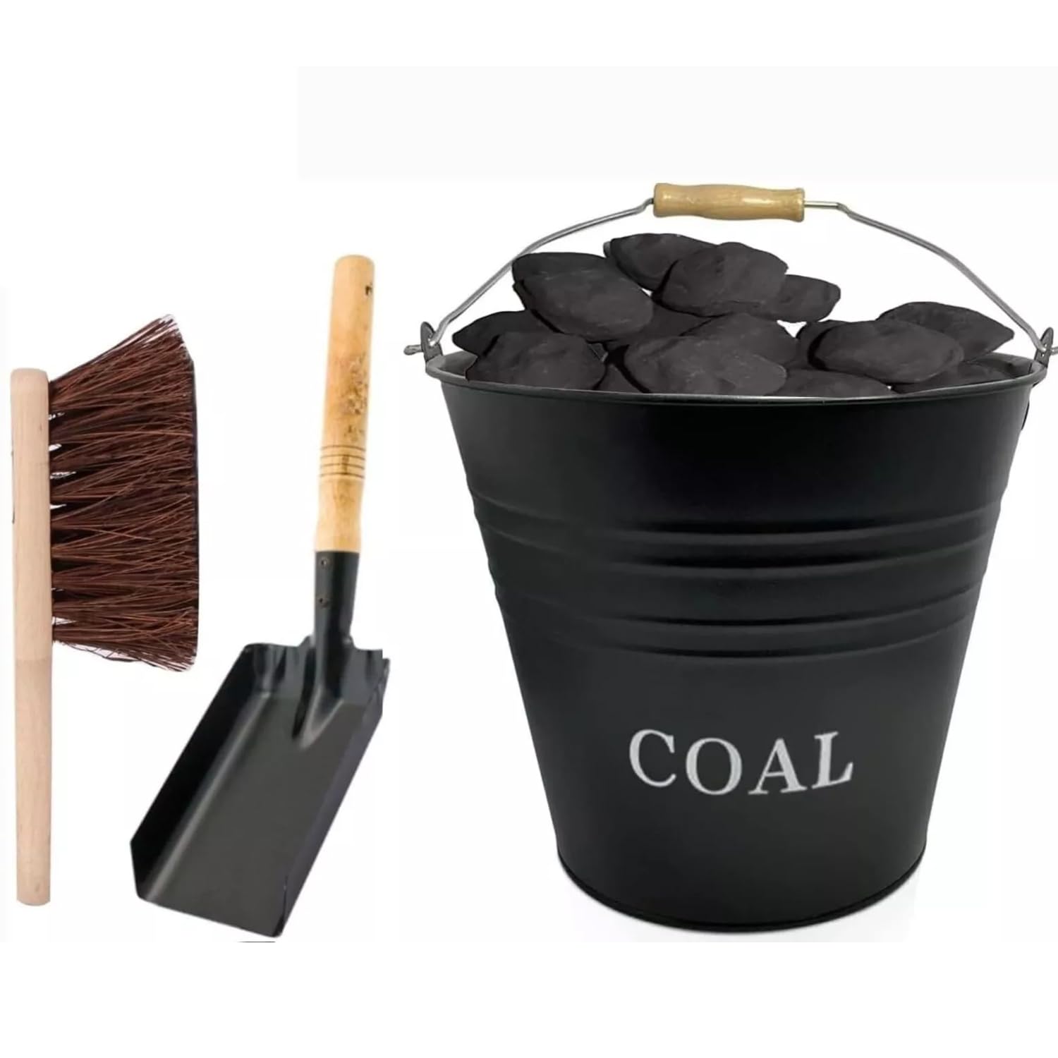 Almineez Black 12L Steel Coal Bucket Shovel & Brush Fireside Fireplace Coal Logs Bbq Storage Holder Firepits Hearth Wood Burning Stoves Fire Pit Wood Burning Stove Bin