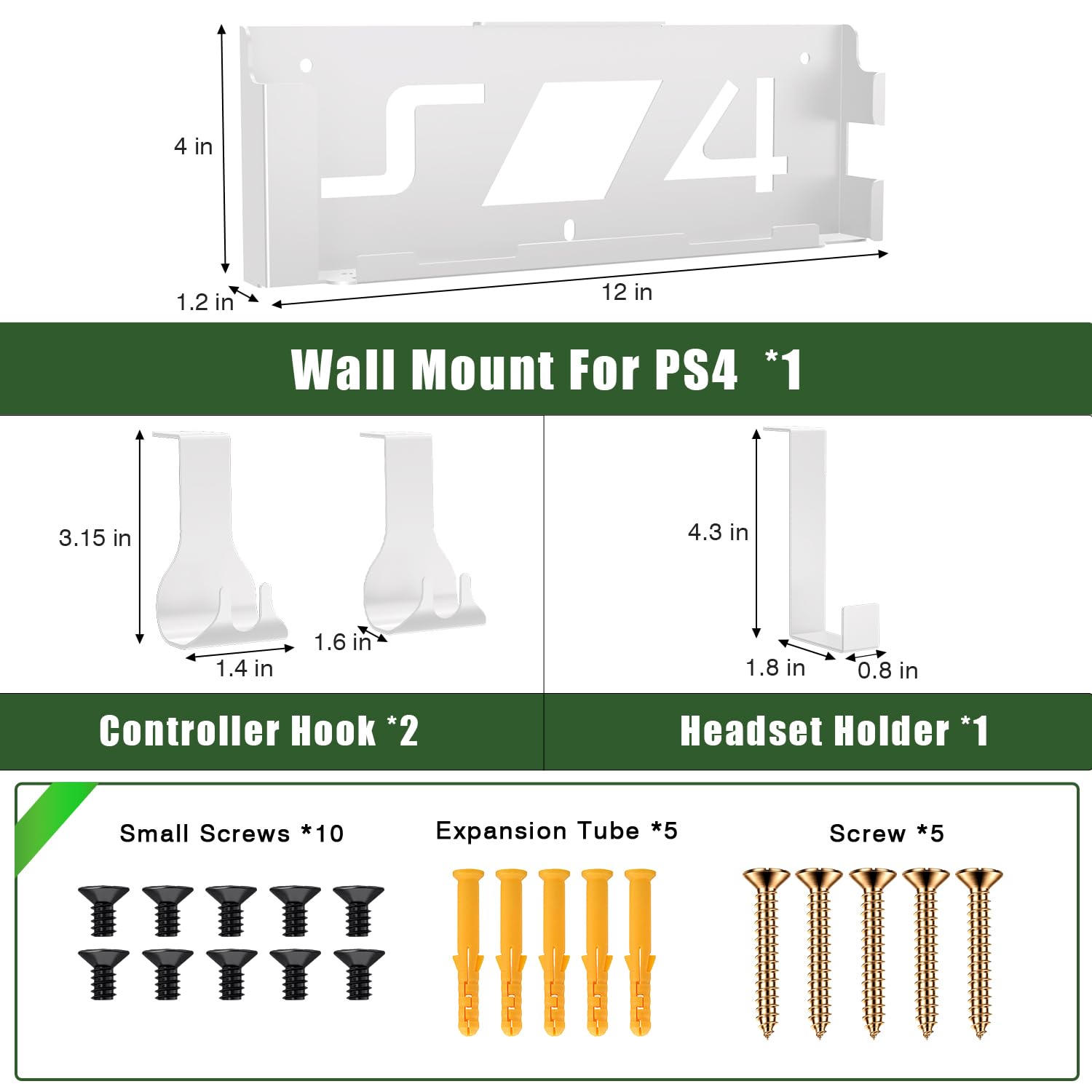 Kit di montaggio a parete con 2 supporti rimovibili per controller e gancio per cuffie, montaggio a parete o sul retro della TV, montaggio a parete compatibile con PS4, bianco