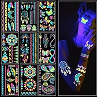 ACWOO Neon Temporary Tattoo 200+ Designs Glow in the Dark Fake Waterproof Stickers Rave Festival Accessories for Women Girls Party Supplies (9PCS)