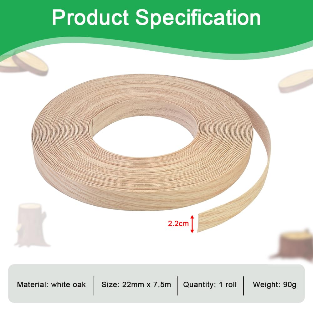 CAREDGO Tira de Canto Termofusible, Rollo de Cantoneras de Roble Blanco 22 mm x 7,5 m, Cinta Adhesiva de Chapa de Madera, Embellecedor para Muebles Pegar Con Plancha