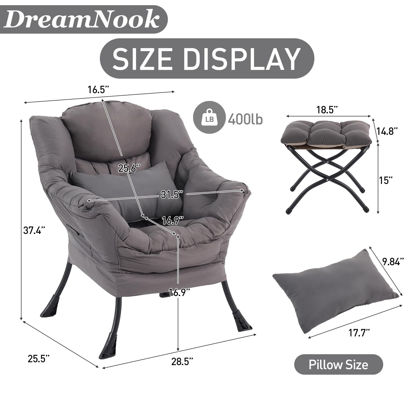Silla perezosa con otomana, silla decorativa moderna con almohada lumbar, sillas cómodas con reposapiés plegable para dormitorio, lectura, sillas de descanso de apoyo de gran tamaño (gris 7