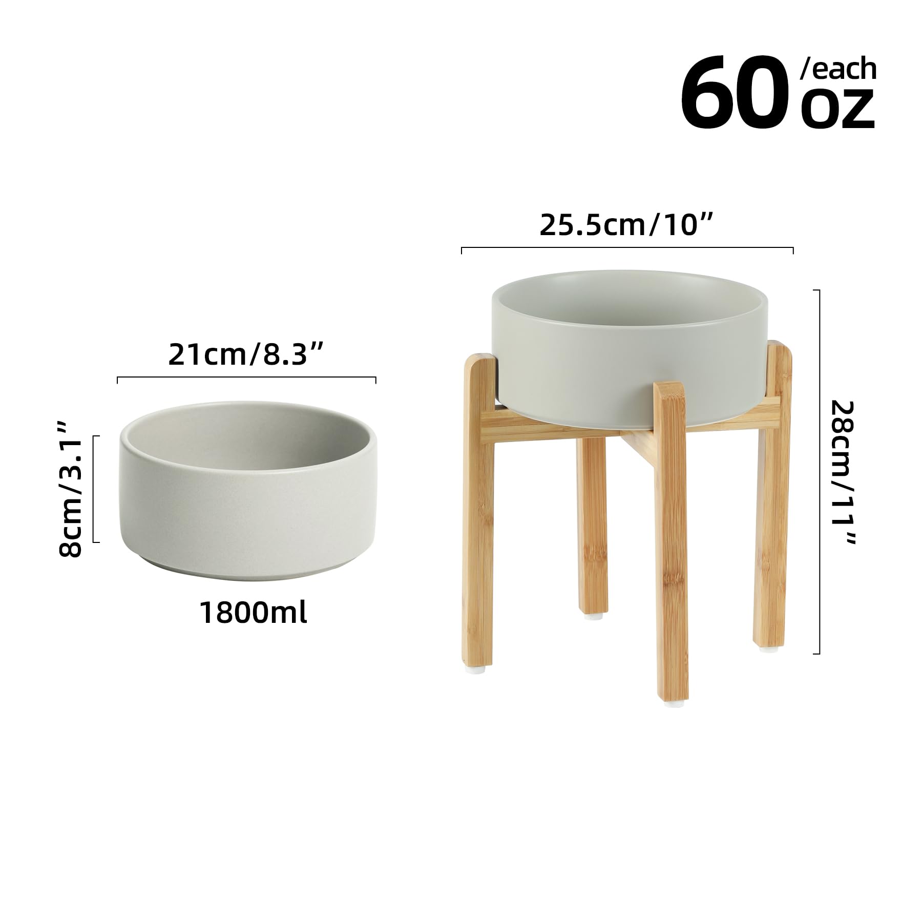 Havniva Gamelle lestée et surélevée en céramique avec support pour gros chiens de race, bol de nourriture et d’eau pour animaux de compagnie, 20,6 cm, 1,8 l, gris