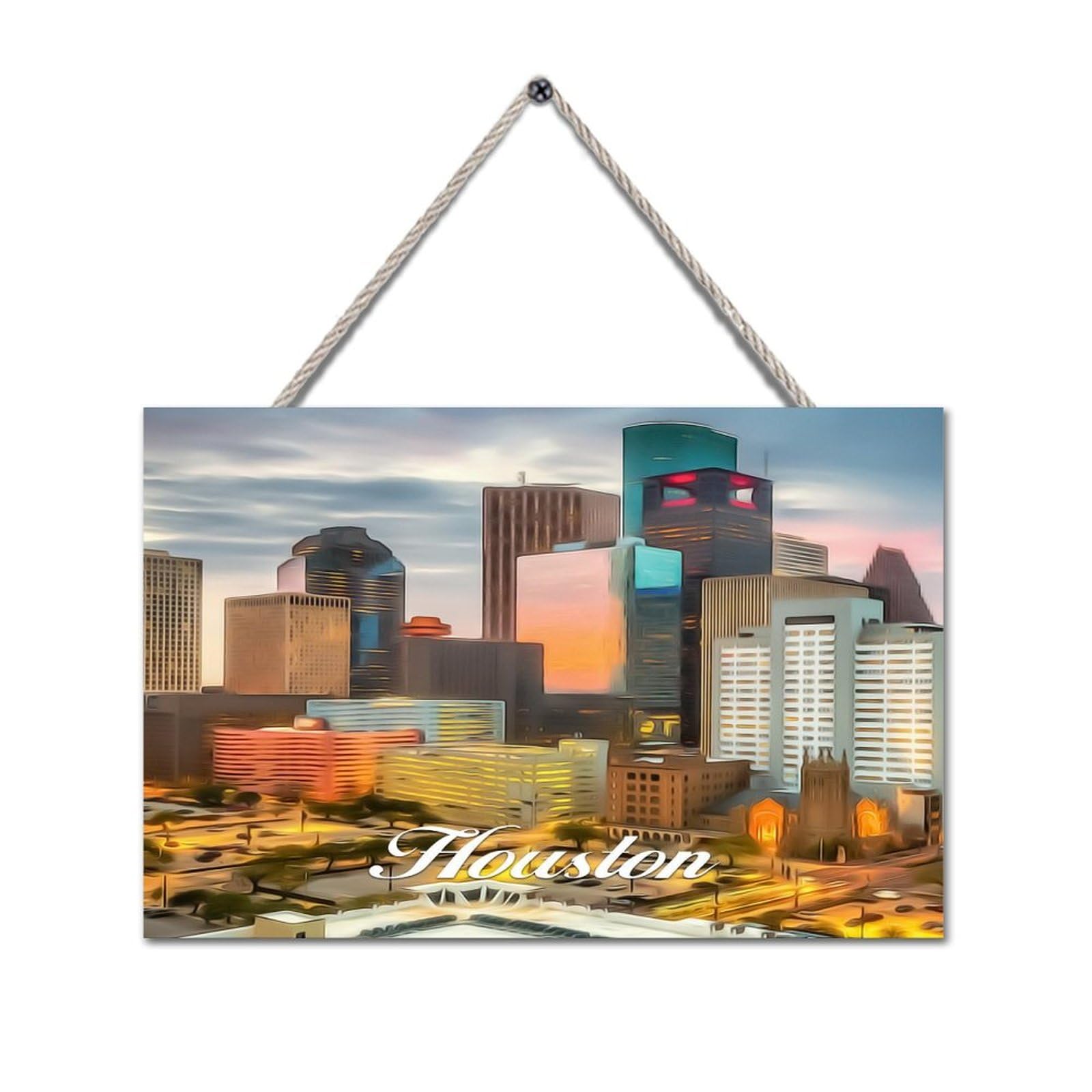 Texas State Houston 12×16in Wood Sign Houston City View Wood Hanging Sign Plaque Decorative Wall Art Decor Garden Bar Cafe Man Cave Beach House Decor New Home Gift