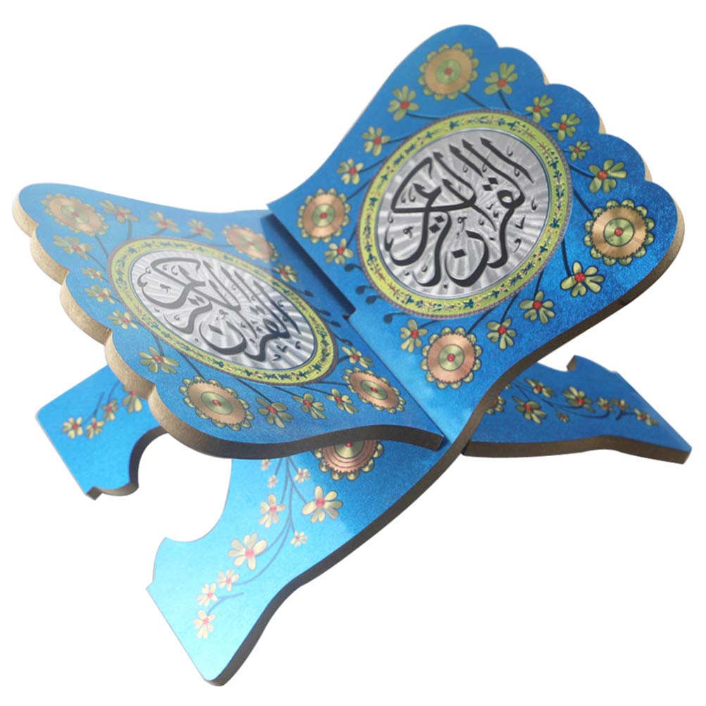 EXCLUZO Wooden Book Stand Vintage Quran Holder Folding Bible Stand Decorative Islamic Eid Mubarak Bookshelf Organizer for Display Reading Prayer Chapel Blue