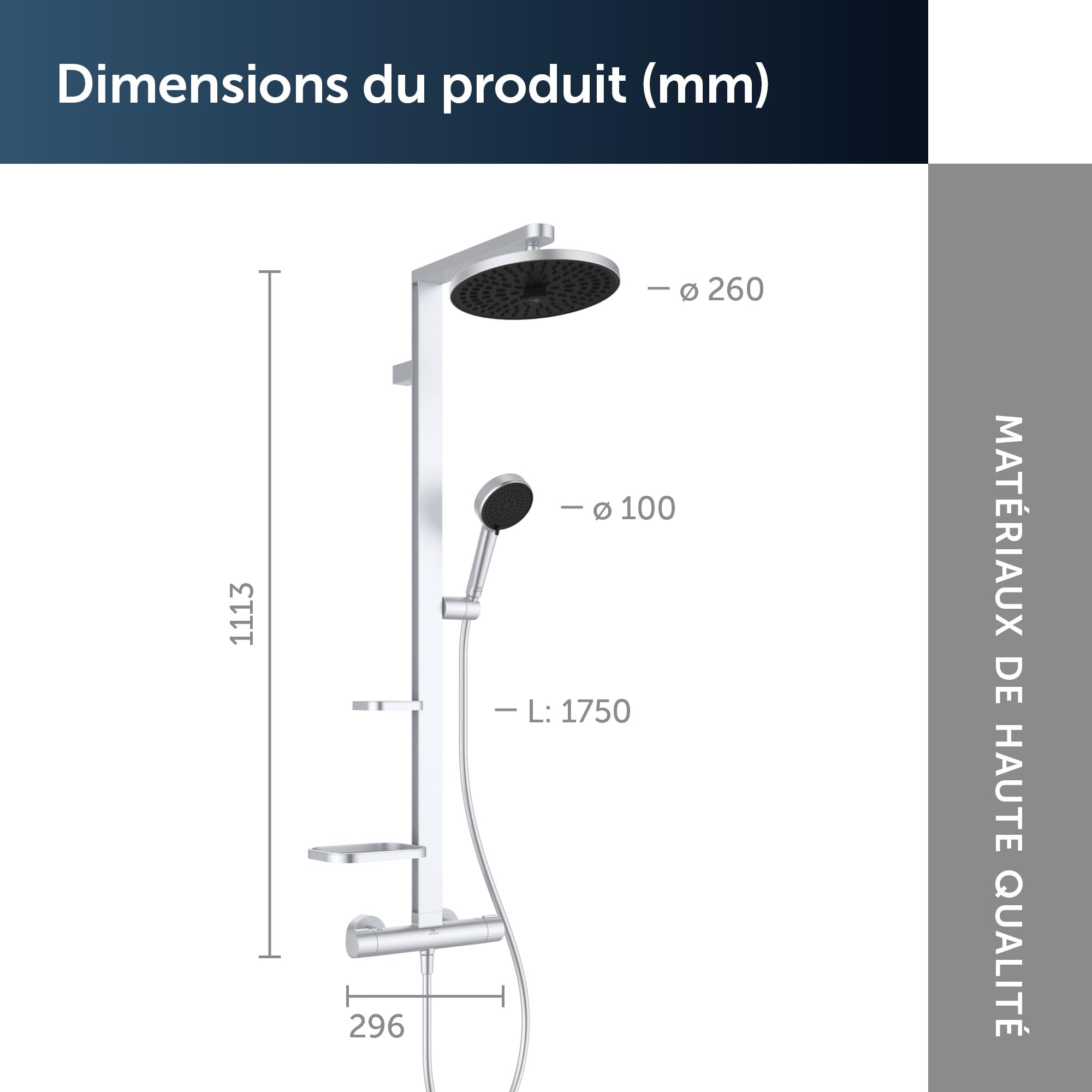 Ideal Standard Ceratherm Alu+ Colonne de douche, Fabriqué à partir de 100% d'aluminium recyclé, douchette à économie d'eau avec différents types de jets – Argent (356x501x1113 mm)