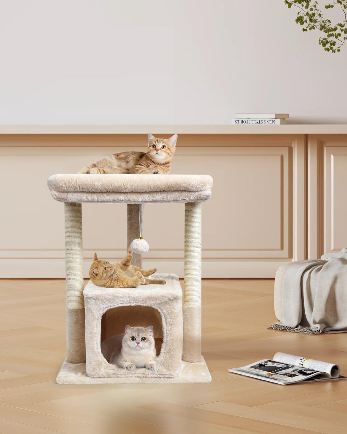 SYANDLVY 68cm Katzenbaum für Indoor-Katzen, Aktivitätsturm mit Kratzerposten, Moderne Kätzchen Condo mit Plüsch Perch & Hängen Ball zum Spielen (Beige)