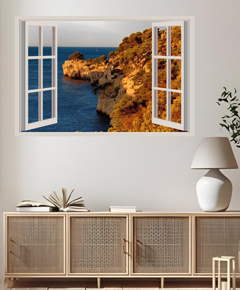 JVERF - JZZA21123 France Coast Autumn Calanque Port Miou Provence| Self-Adhesive Open Window Wall Sticker