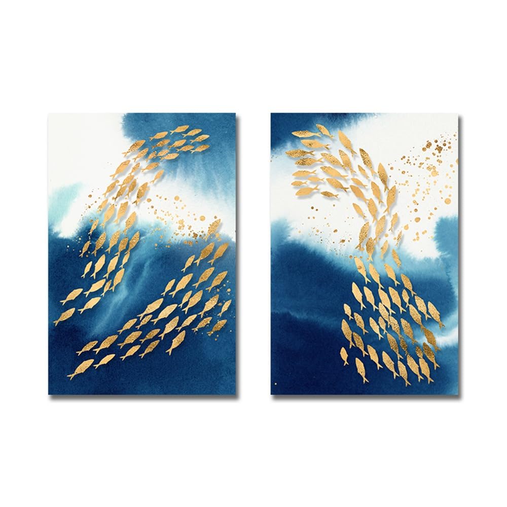 WBYZAC 2 Pieces Poster-Golden Fish Modern Abstract Nordic Wall Poster Canvas Art Painting Wall Picture Print for Living Kitchen Office Bedroom Home Room Decoration-60 * 80cm (No Frame)
