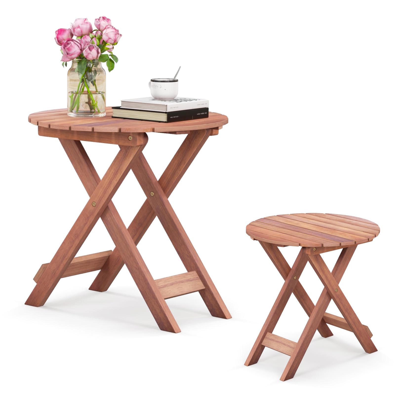 KOMFOTTEU Mesa Baja Plegable, Mesa Lateral de Madera de Acacia, Mesa Auxiliar con Estructura en Forma de X, para Jardín, Balcón, Terraza (Redonda)