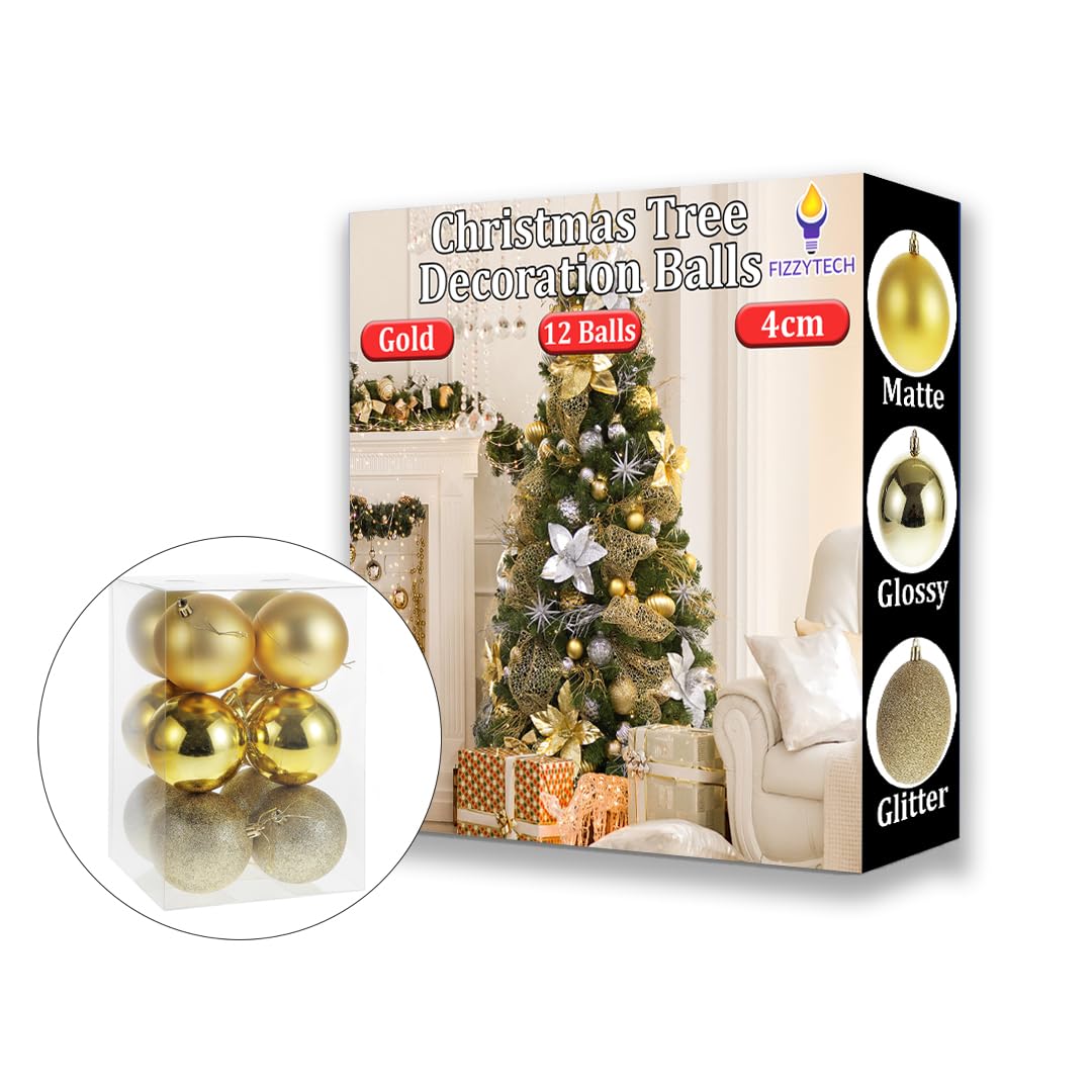 fizzytech Shatterproof Christmas Balls Ornaments Pack of 12 Golden Hanging Balls Size 4cm Perfect Xmas Tree Decoration (4cm Gold 12 Pc)