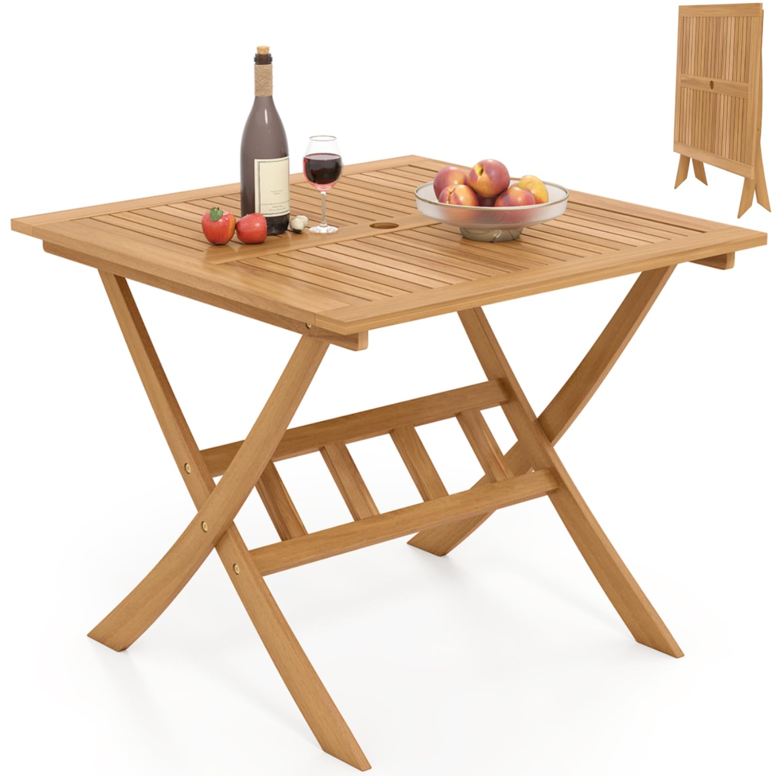 TANGZON 90cm Folding Garden Table, Solid Acacia Wood Outdoor Dining Table with Parasol Hole, Slatted Top & Reinforced Crossbars, Patio Tables Furniture for Backyard Balcony Terrace Bistro
