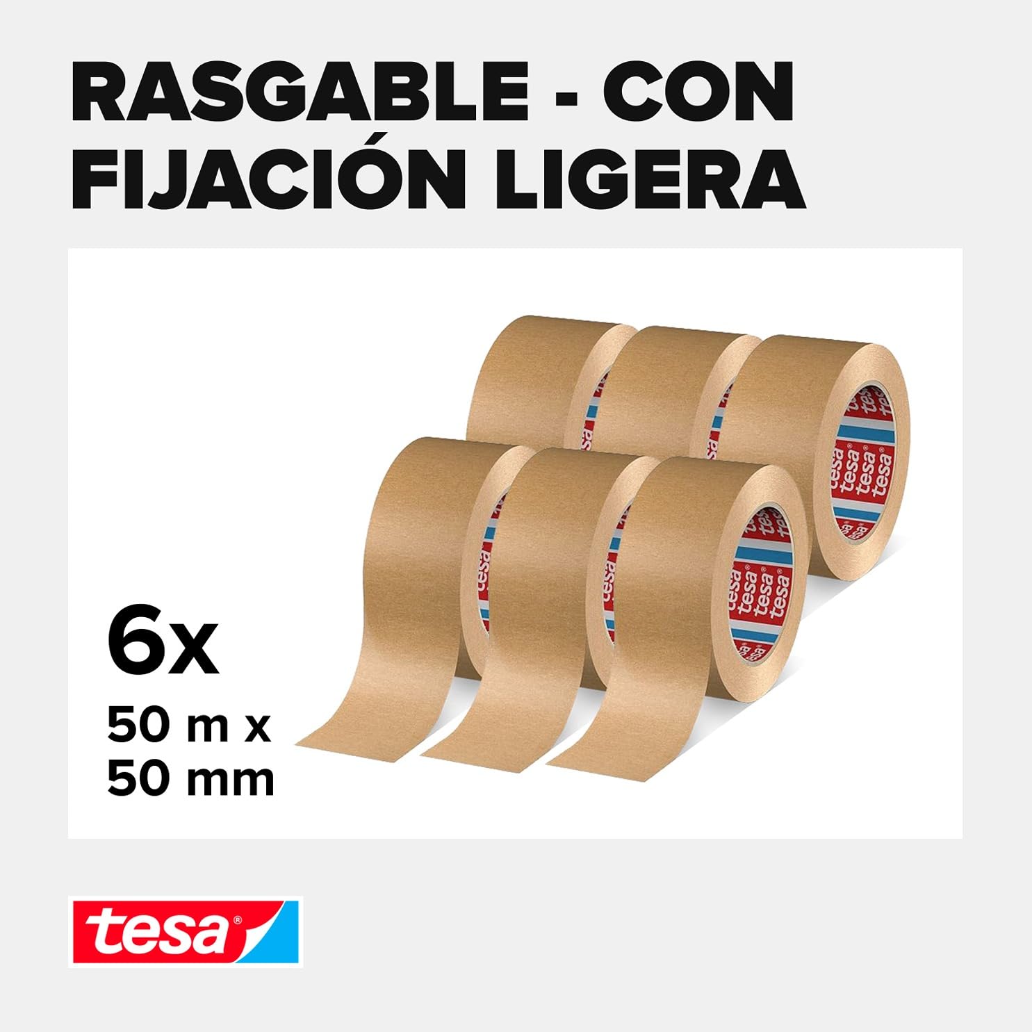 tesa Pack 4713 - Paquete de 6 cintas adhesivas de papel para cerrar embalajes, reciclables y sin disolventes, color marrón, 6 rollos de 50 m x 50 mm