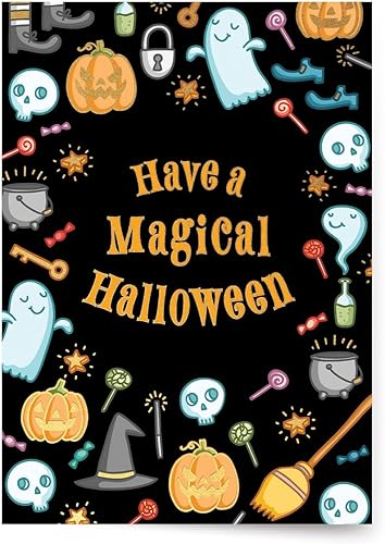 Designer Greetings Tarjetas de Halloween, ten un Halloween mágico con bonitos iconos espeluznantes (6 tarjetas con sobres naranjas), perfectas para