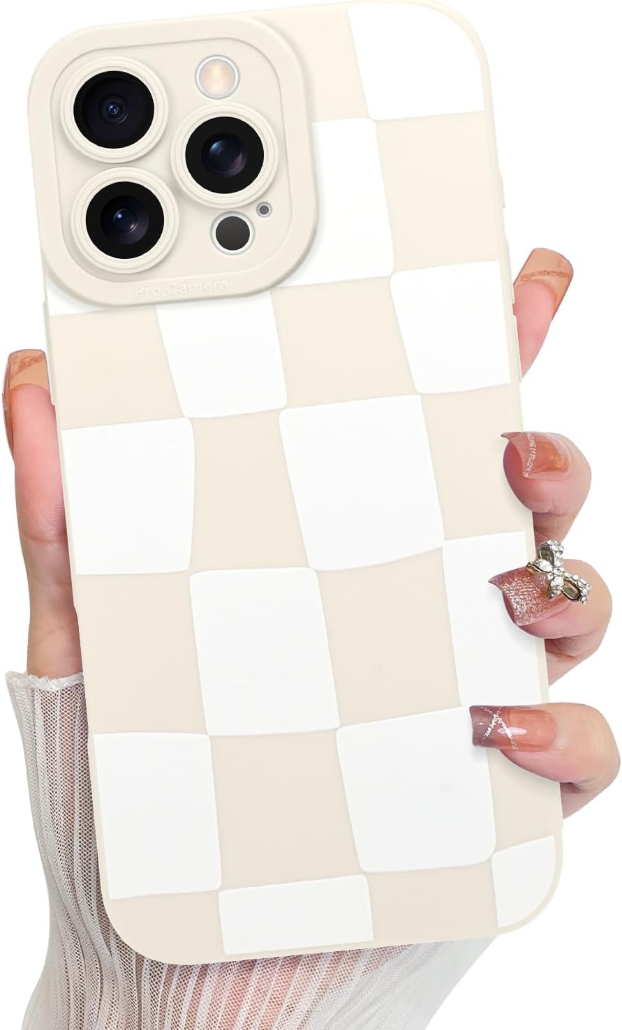 KANGHAR Compatible with iPhone 16 Pro Case, Silicone Checkered Cute Pattern, Camera Protection Soft Slim Phone Cover for Girls Women -White iPhone 16 Pro White