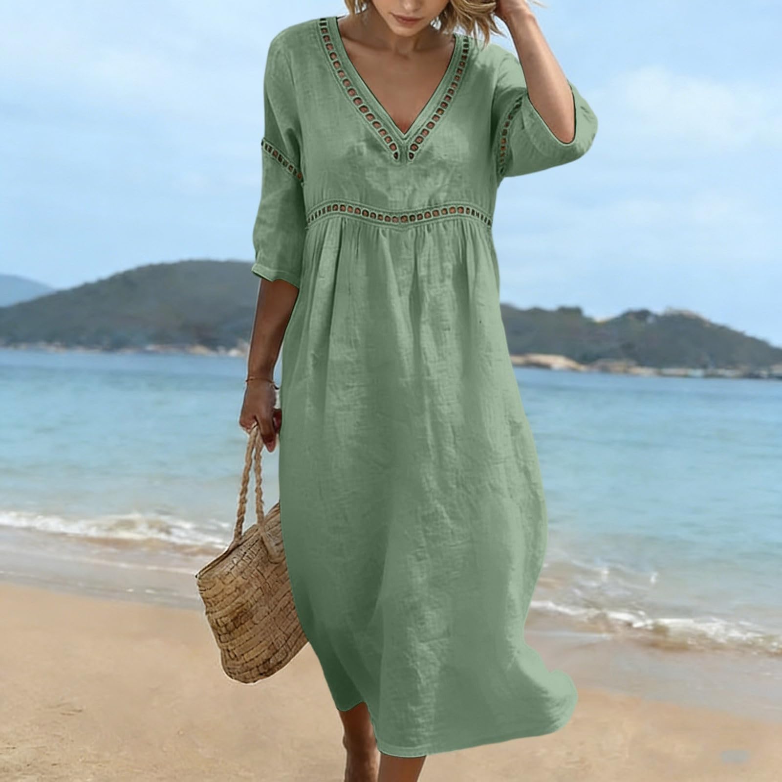 Damen Musselin Kleid Sommer V-Ausschnitt Luftige Midikleid Lockeres Midikleider Leicht Und Luftig Sommerkleid Sommer Musselinkleid Elegant Sommerkleider Midi Bohemian Style Hauskleid