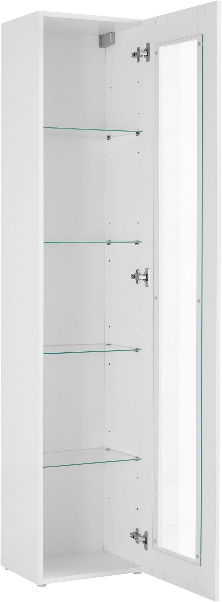möbelando Vitrine >Benevent< Moderne Vitrine, aus melaminharzbeschichteter Spanplatte, in Weiß Hochglanz, mit 1 Glastür, 4 Glaseinlegeböden - 40x180x30cm (BxHxT), Made in Italy