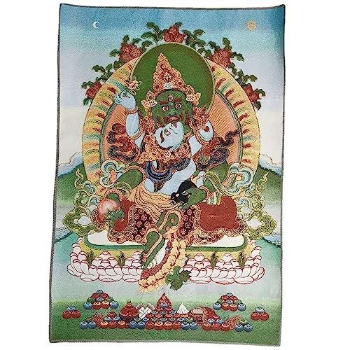 Thangka Vert Jambhala pour salon, tapisserie bouddhiste zen et tenture de soie