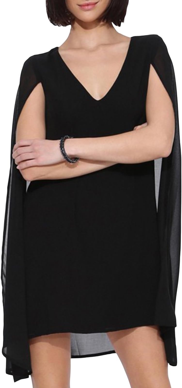 Ubasics Women's Fashion Fake Two Piece Style V Neck Cape Chiffon Blouse Black Asian XS/US 00 Bust:29.9"