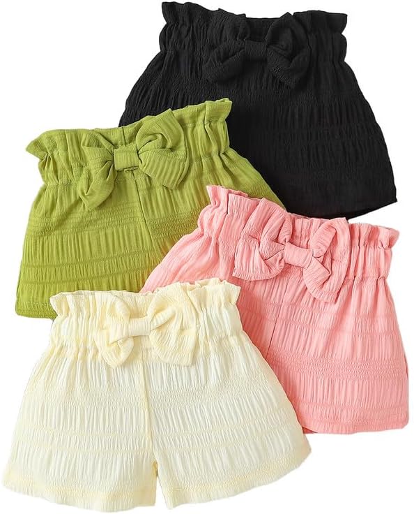 Baby Girl Shorts 4-Pack Soft Ruffled Elastic Waist Summer Shorts with Bow for 0-24 Months Toddler Infant Clothing