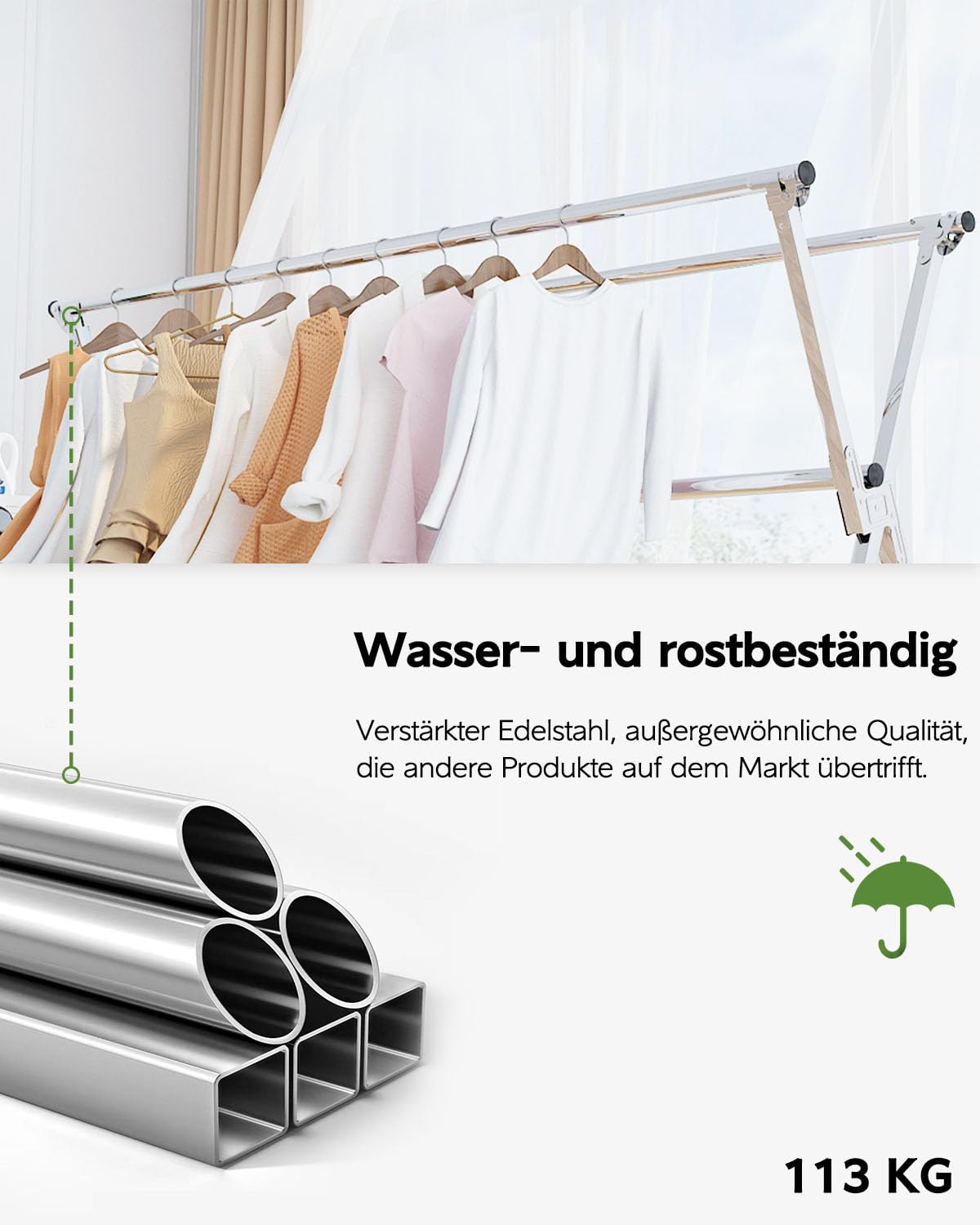 Vikaqi Wäscheständer 200 cm zusammenklappbar Indoor Outdoor Wäscheständer Kleidung Faltbar Wäscheständer Heavy Duty Edelstahl Wäscheleine Kleiderständer 20 Haken 12 Clips